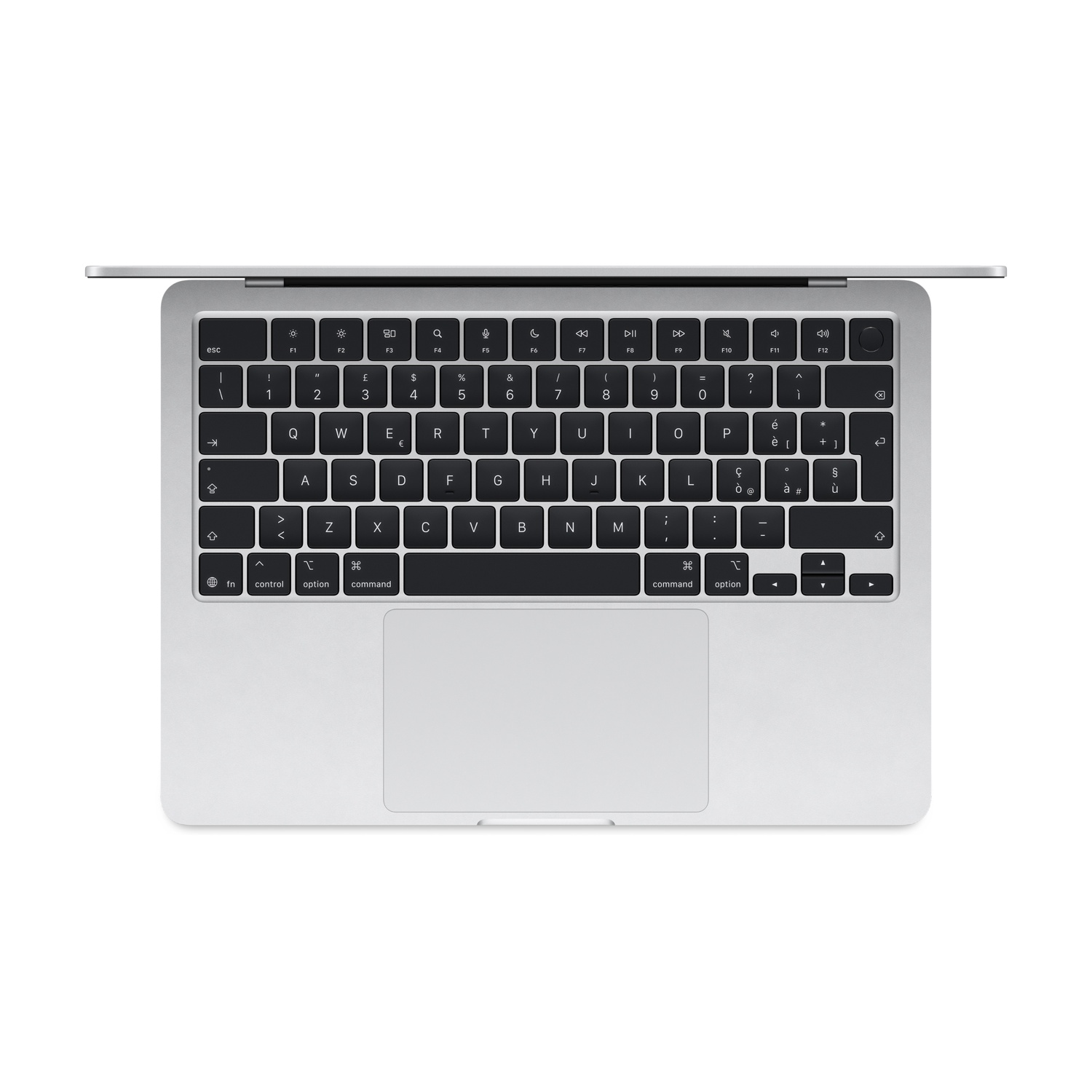 MacBook Apple argentato con display e tastiera aperti.