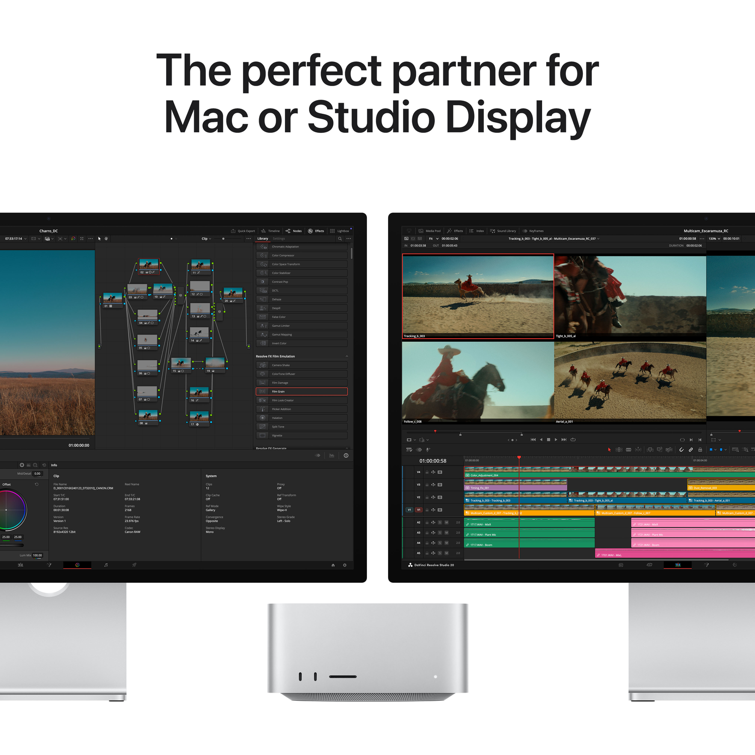Deux écrans affichent un logiciel de montage vidéo à côté d'ordinateurs Apple Mac Studio.