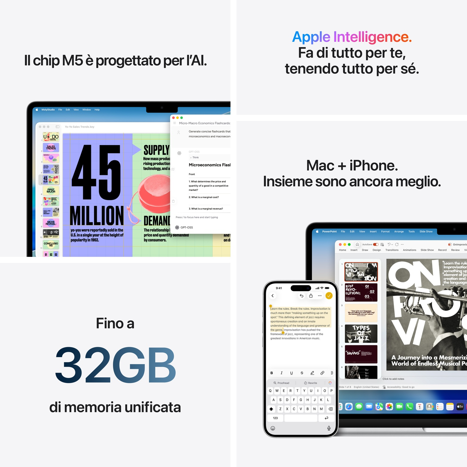 Dispositivi Apple con chip M5, IA, Mac e iPhone. 32GB memoria.