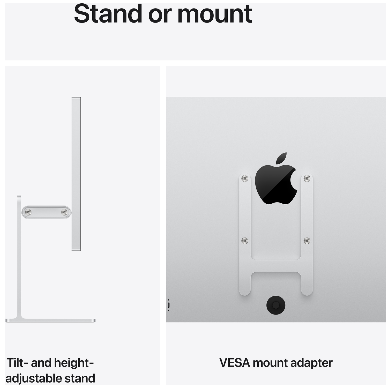 Support inclinable et réglable en hauteur ; adaptateur de montage VESA avec logo Apple.