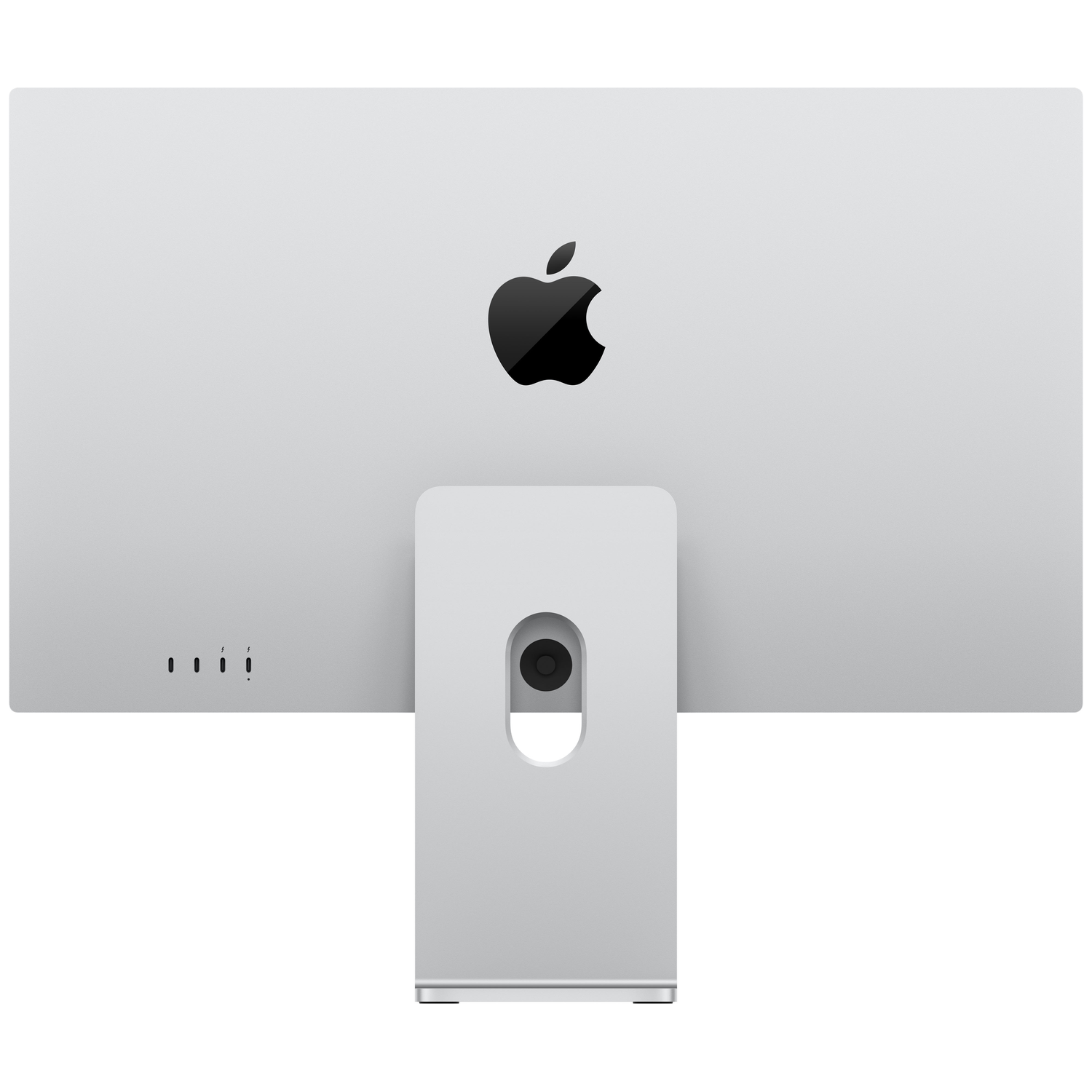 Vue arrière d'un iMac Apple argenté avec son logo et son pied.