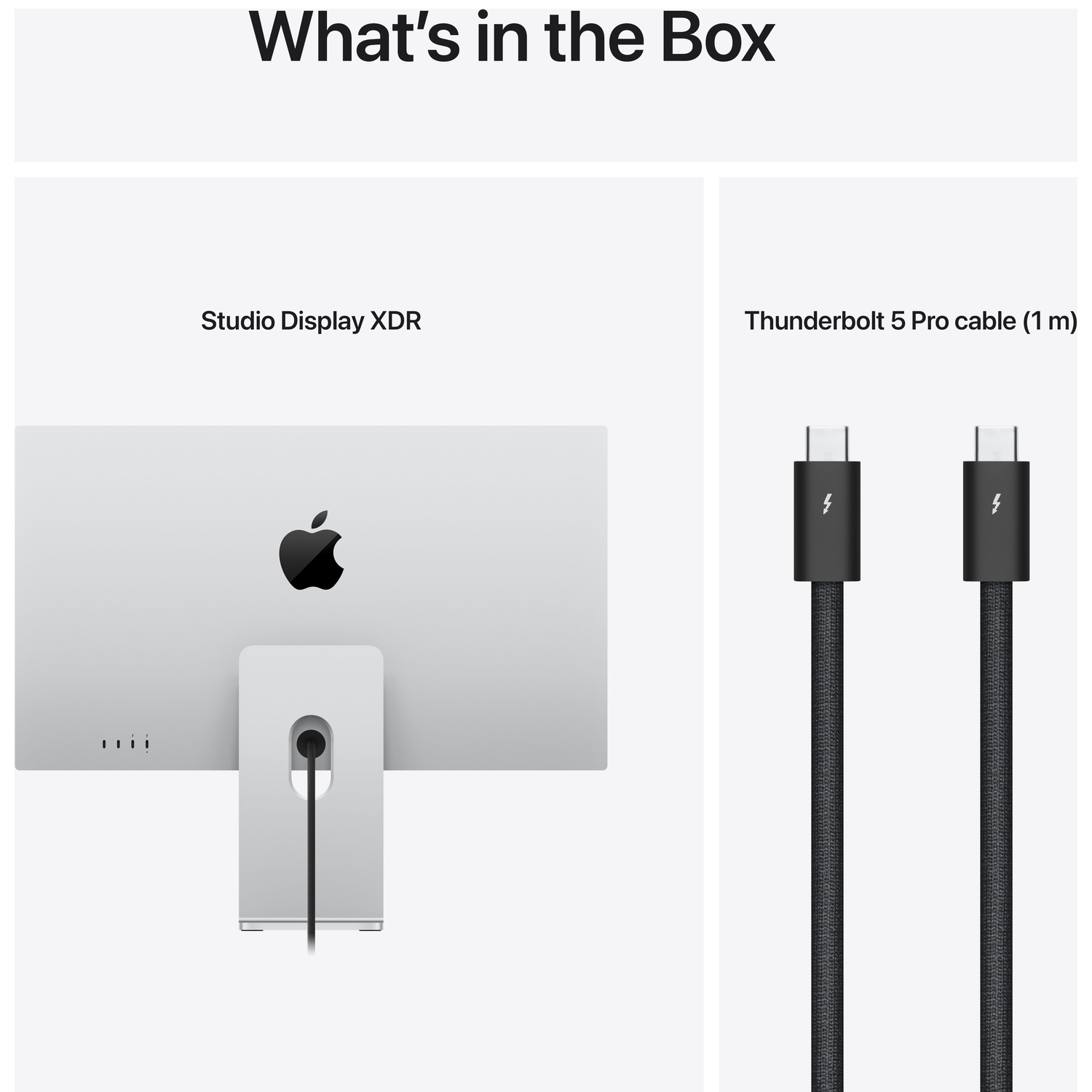 Arrière d'un Apple Studio Display et deux câbles Thunderbolt noirs.
