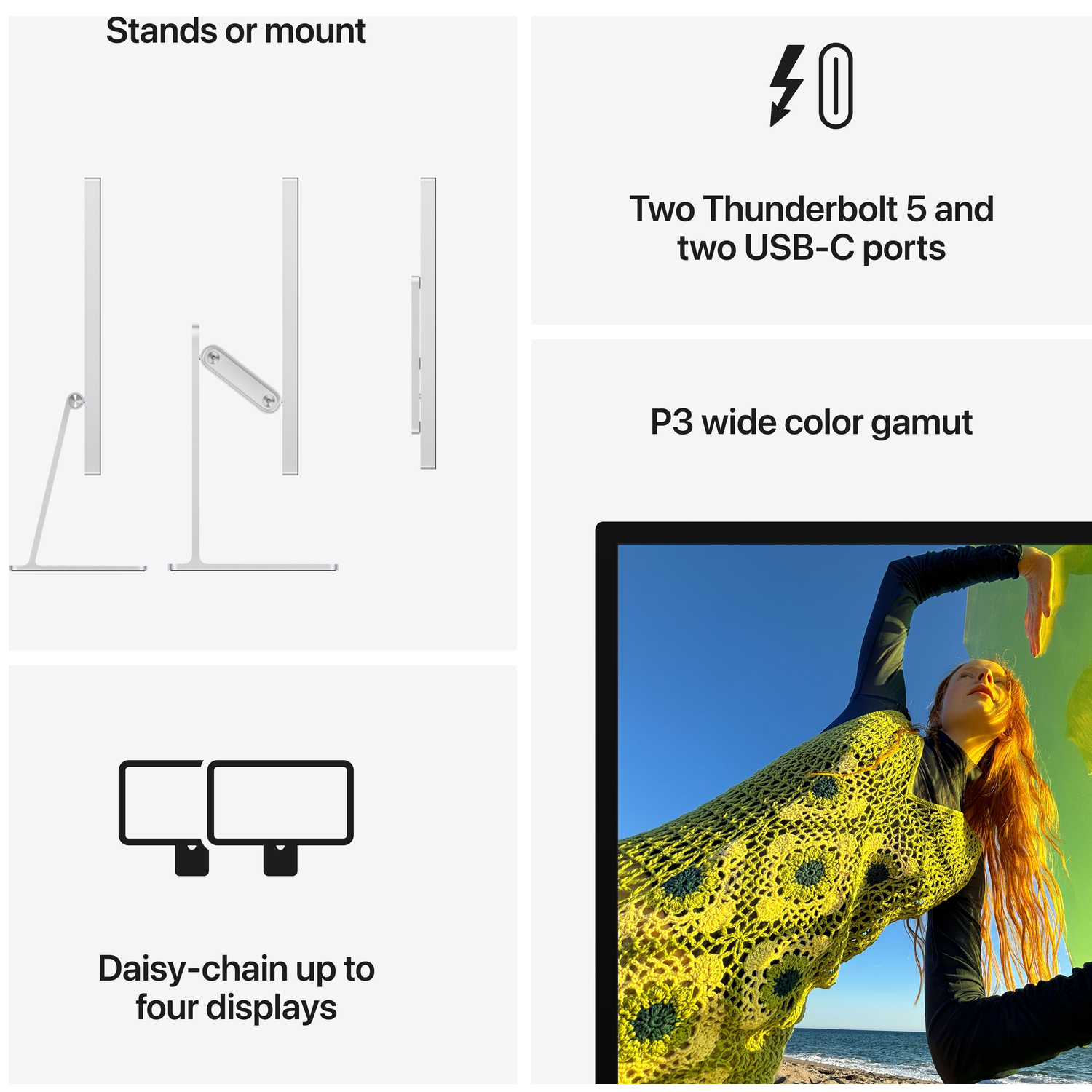 Un moniteur avec support, ports, gamme de couleurs P3 et capacité daisy-chain.