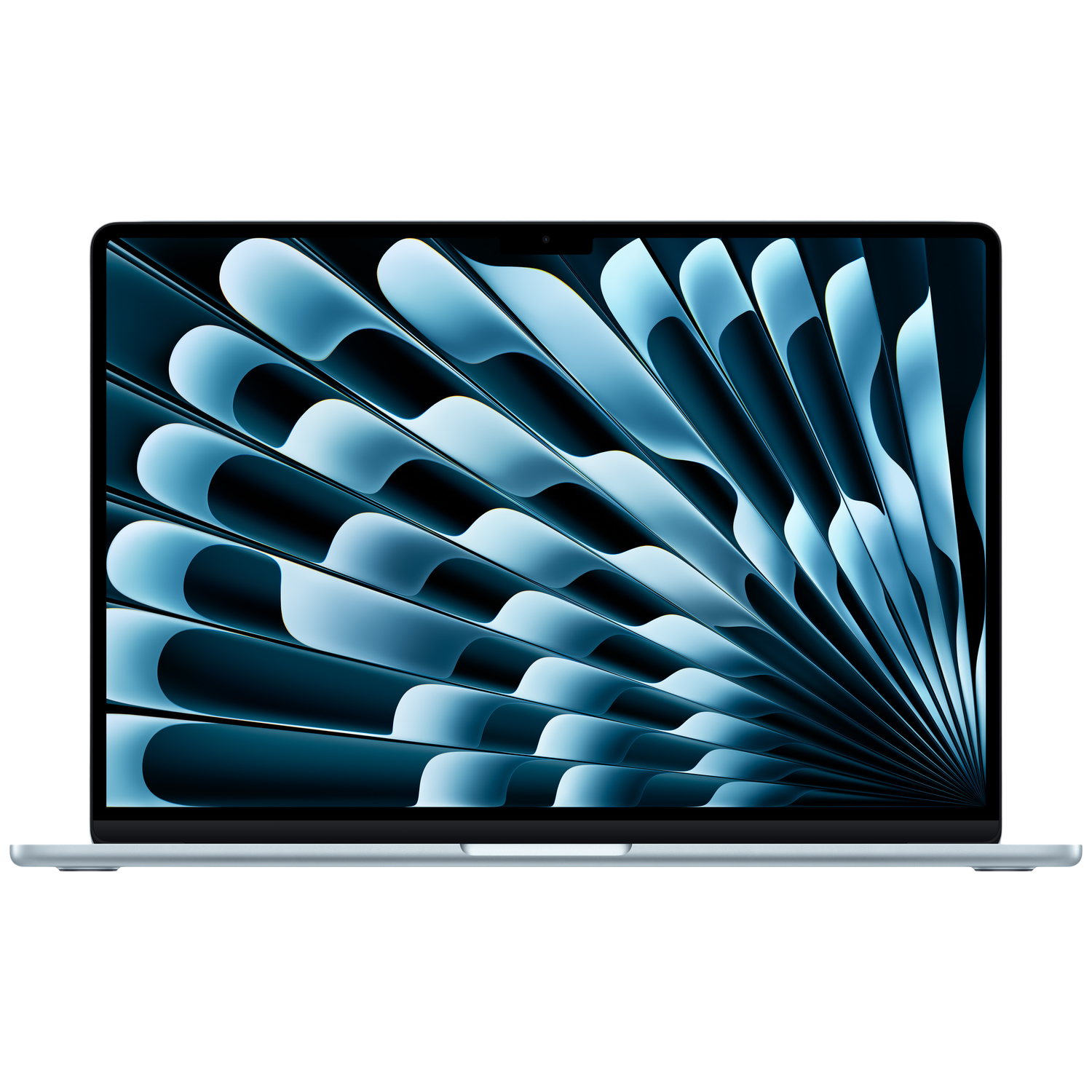 Een open laptop met een blauw abstract behang.