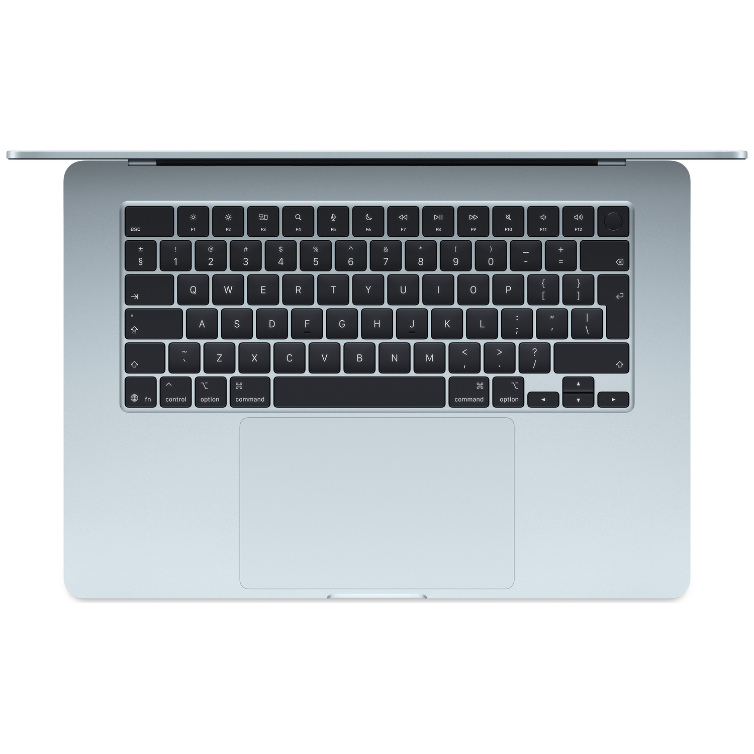 Bovenaanzicht van een lichtblauwe MacBook laptop, open met toetsenbord en trackpad.