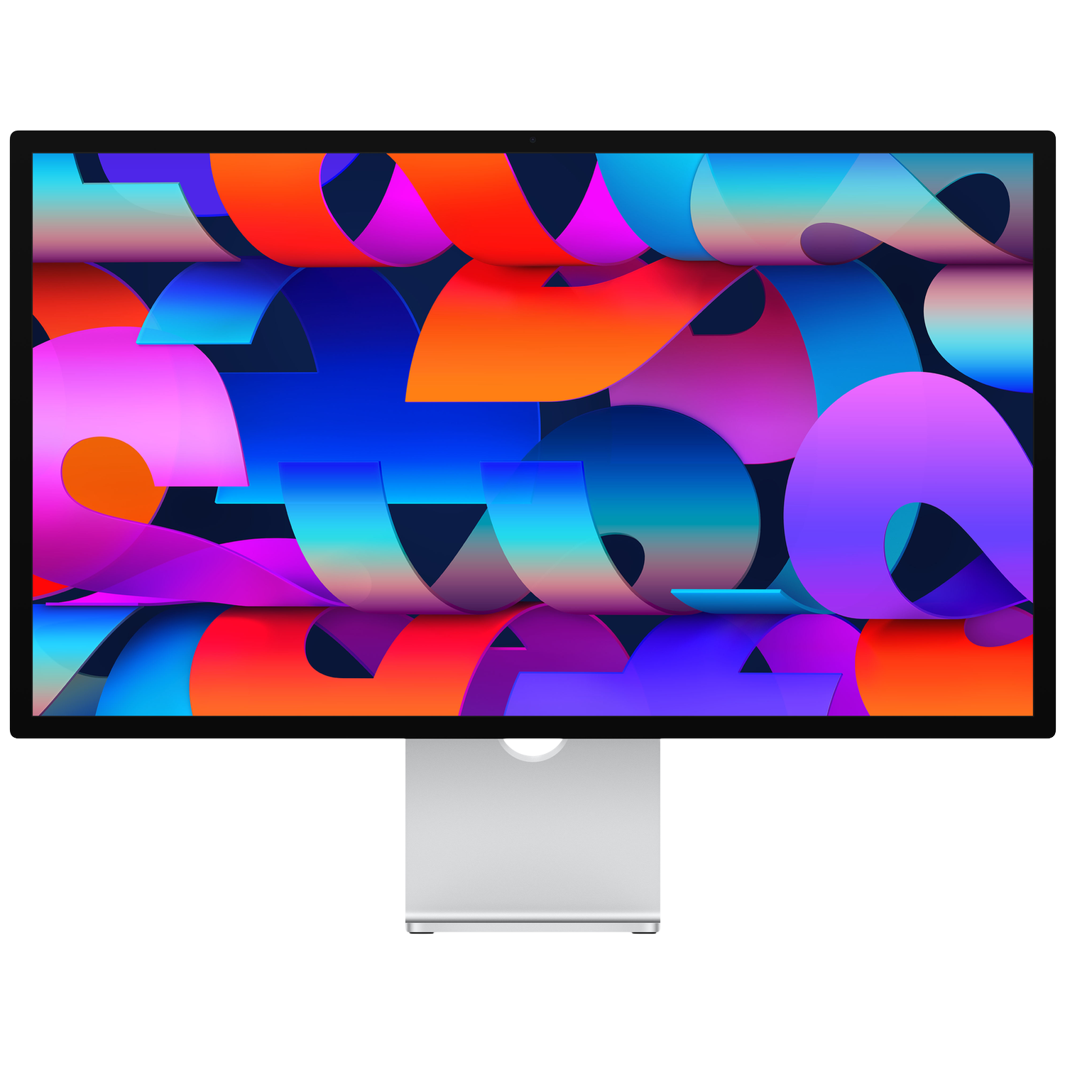 Moniteur d'ordinateur argenté affichant un fond d'écran abstrait coloré.