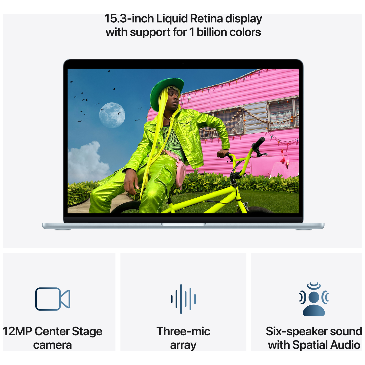 Laptop met 15,3-inch display toont persoon in groen, roze trailer, fiets. Functies: 12MP camera, microfoonarray, ruimtelijke audio.