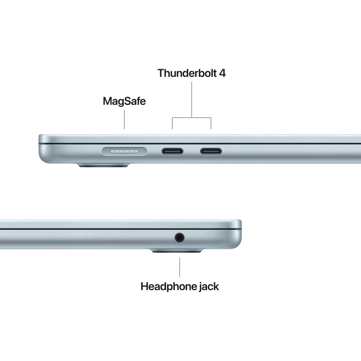 Close-up van poorten: MagSafe, 2x Thunderbolt 4 en koptelefoonaansluiting.