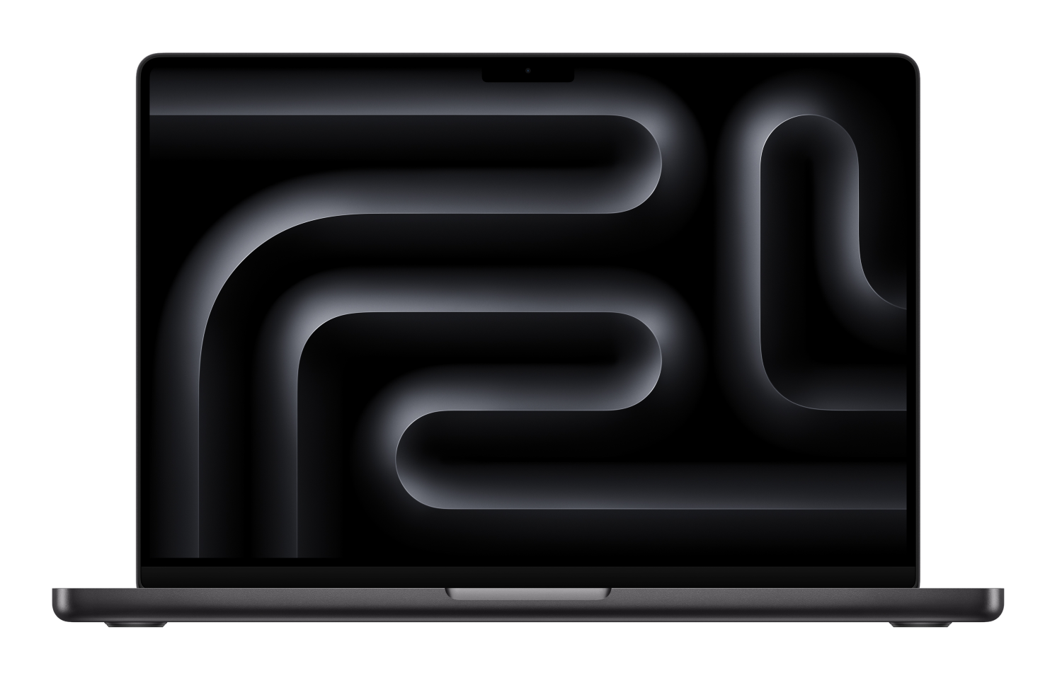 Ciemny laptop z abstrakcyjnym, zakrzywionym wzorem na ekranie.