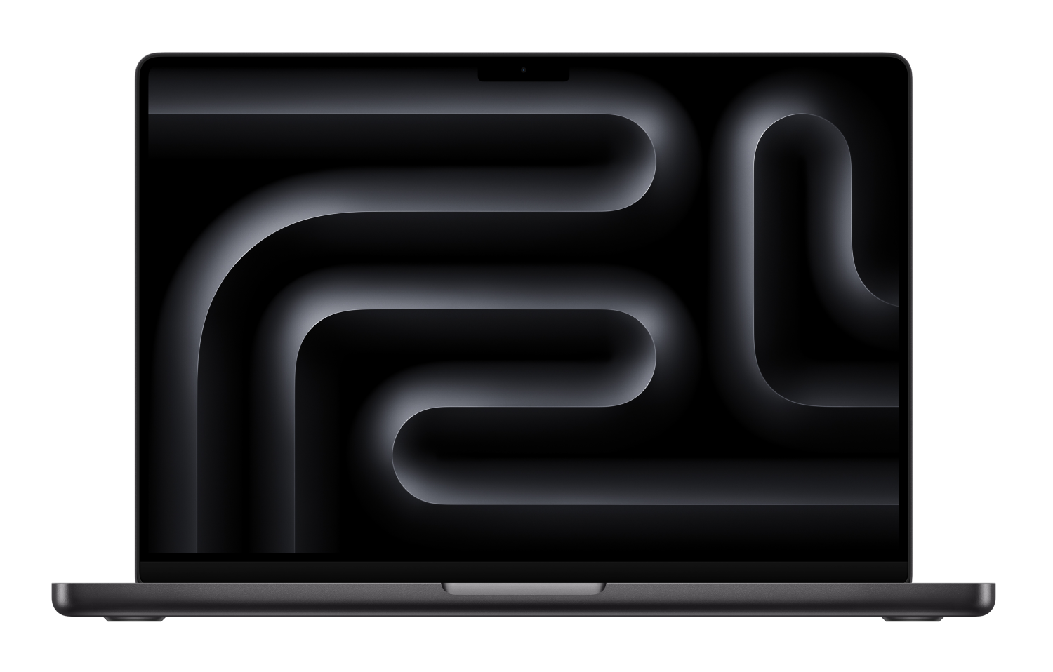 Otwarty laptop wyświetla ciemny, abstrakcyjny, płynny wzór tła.