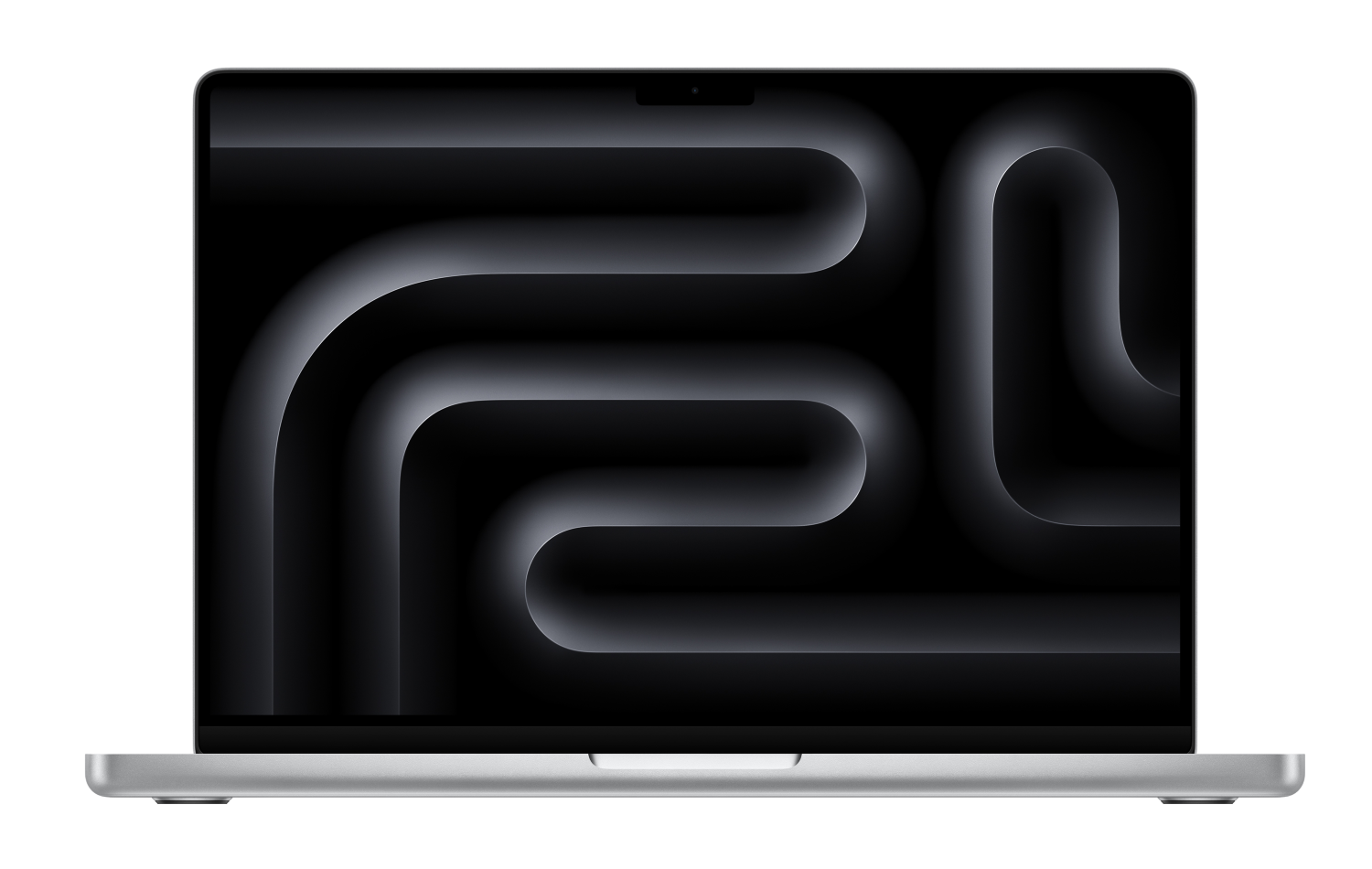 Srebrny laptop z ciemną abstrakcyjną tapetą na ekranie.