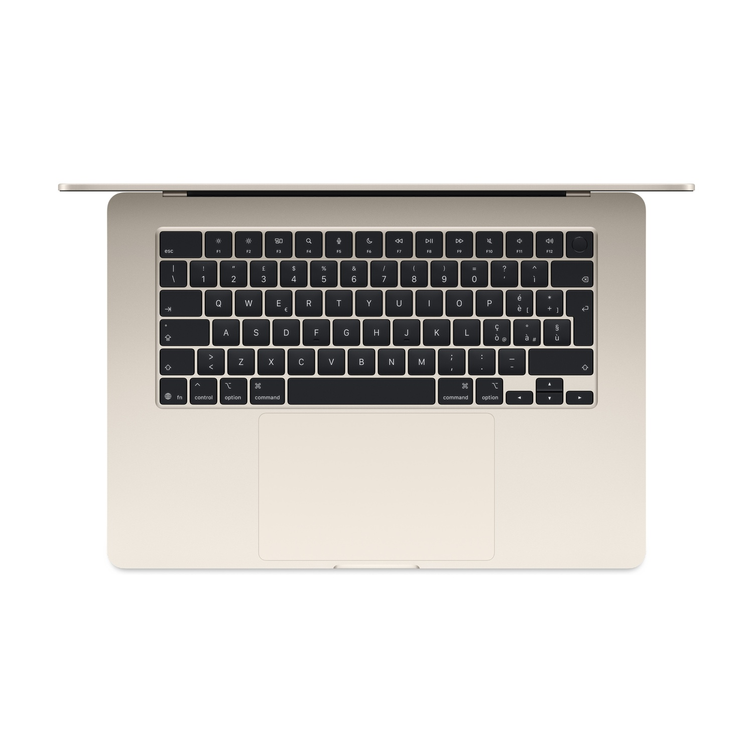 Un laptop oro chiaro, visto dall'alto, con tastiera e trackpad aperti.