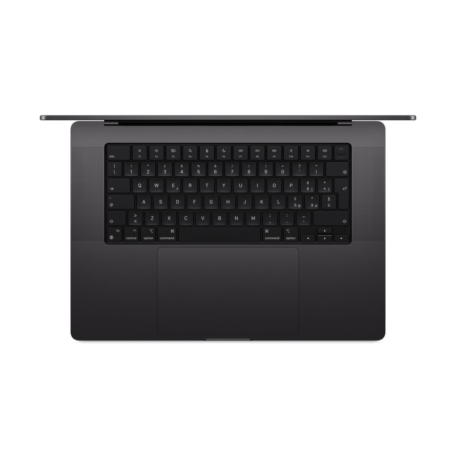 Tastiera e trackpad di un laptop grigio scuro, vista dall'alto.