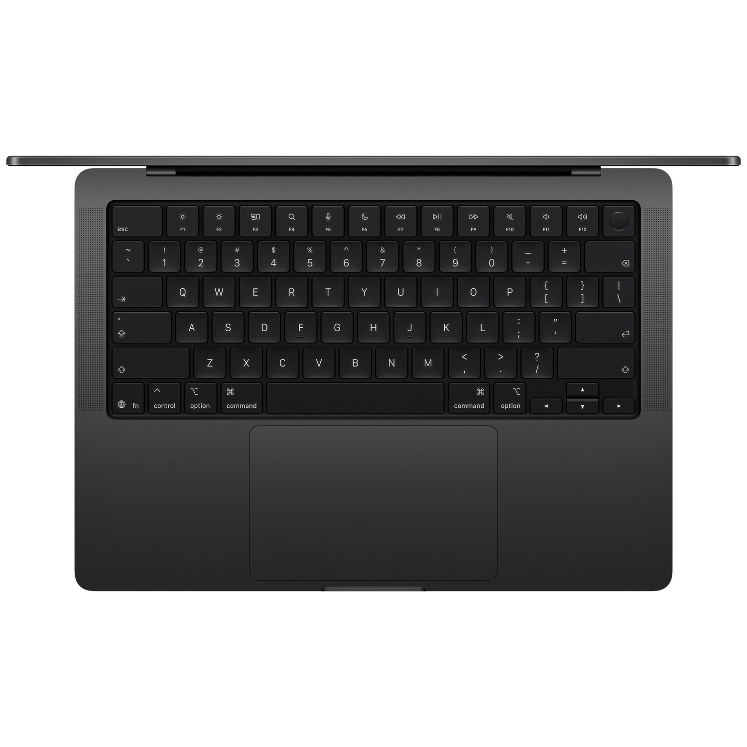 Donkergrijs MacBook van bovenaf, open, met toetsenbord en trackpad.