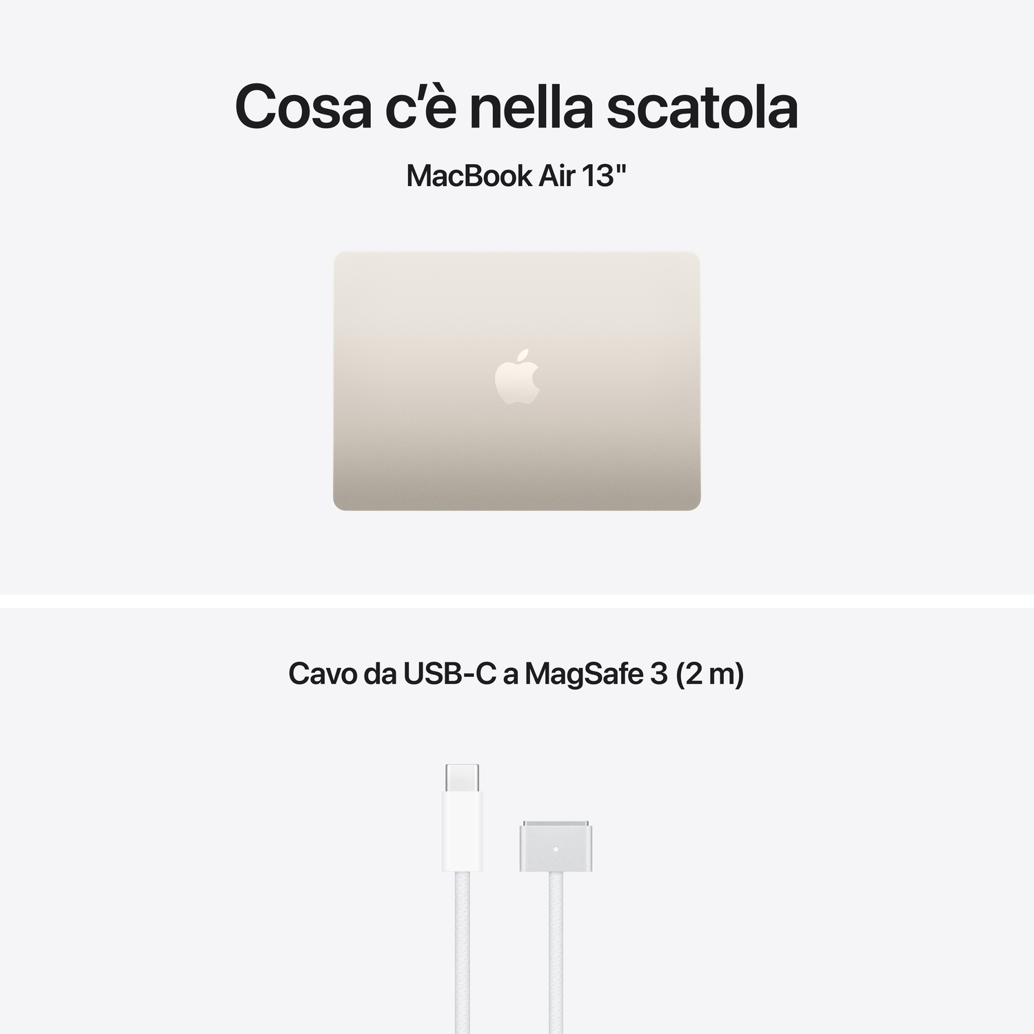 Un MacBook Air color oro e un cavo USB-C a MagSafe 3.