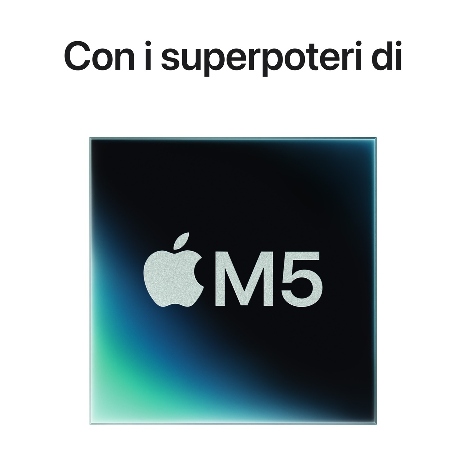 Logo Apple e M5 su sfondo sfumato blu-verde scuro.