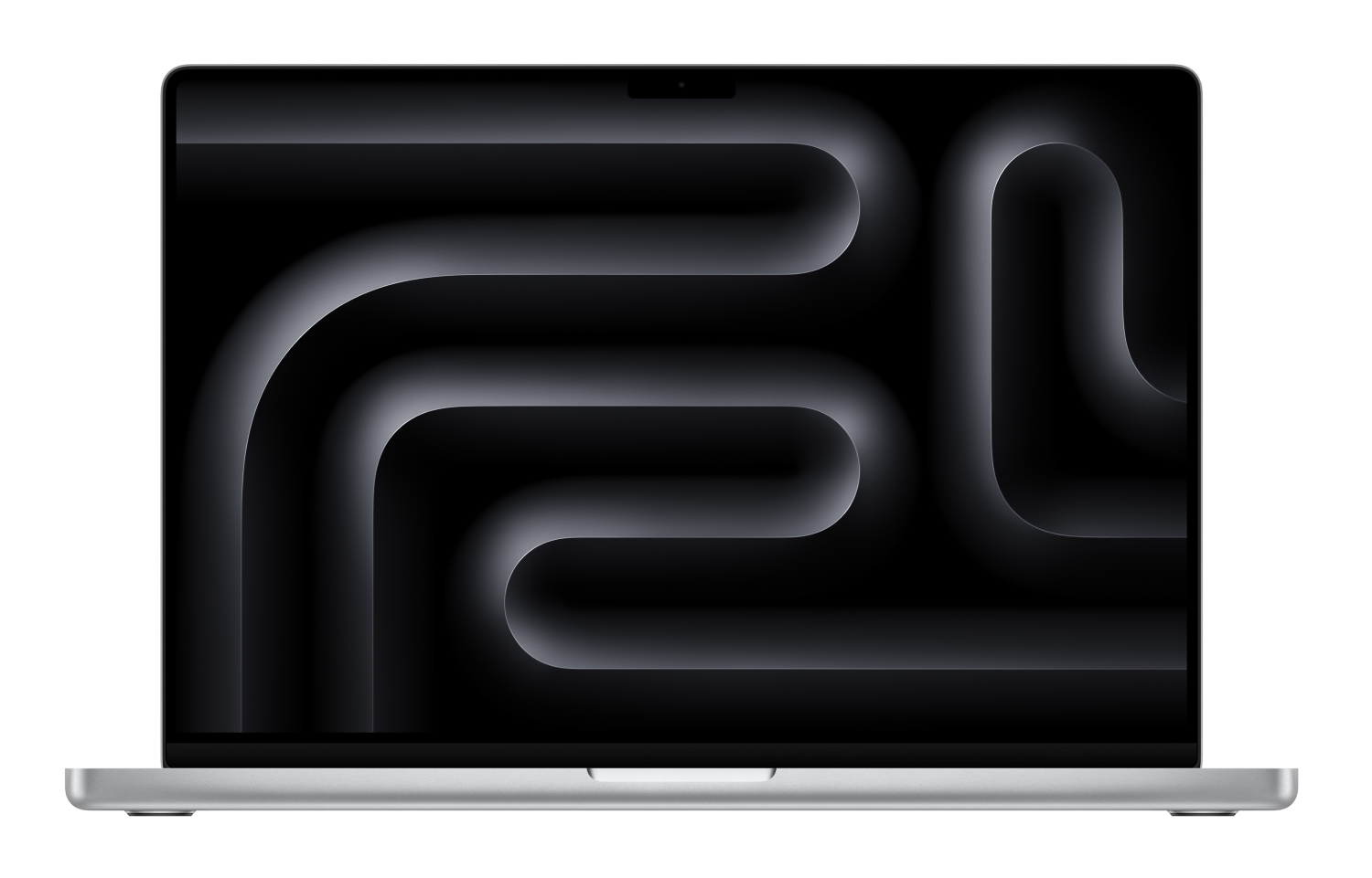 Otwarty laptop z abstrakcyjnym, ciemnym tłem na ekranie.