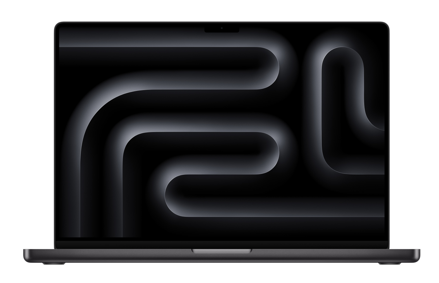 Ciemny laptop z abstrakcyjnym, zakrzywionym wzorem na ekranie.