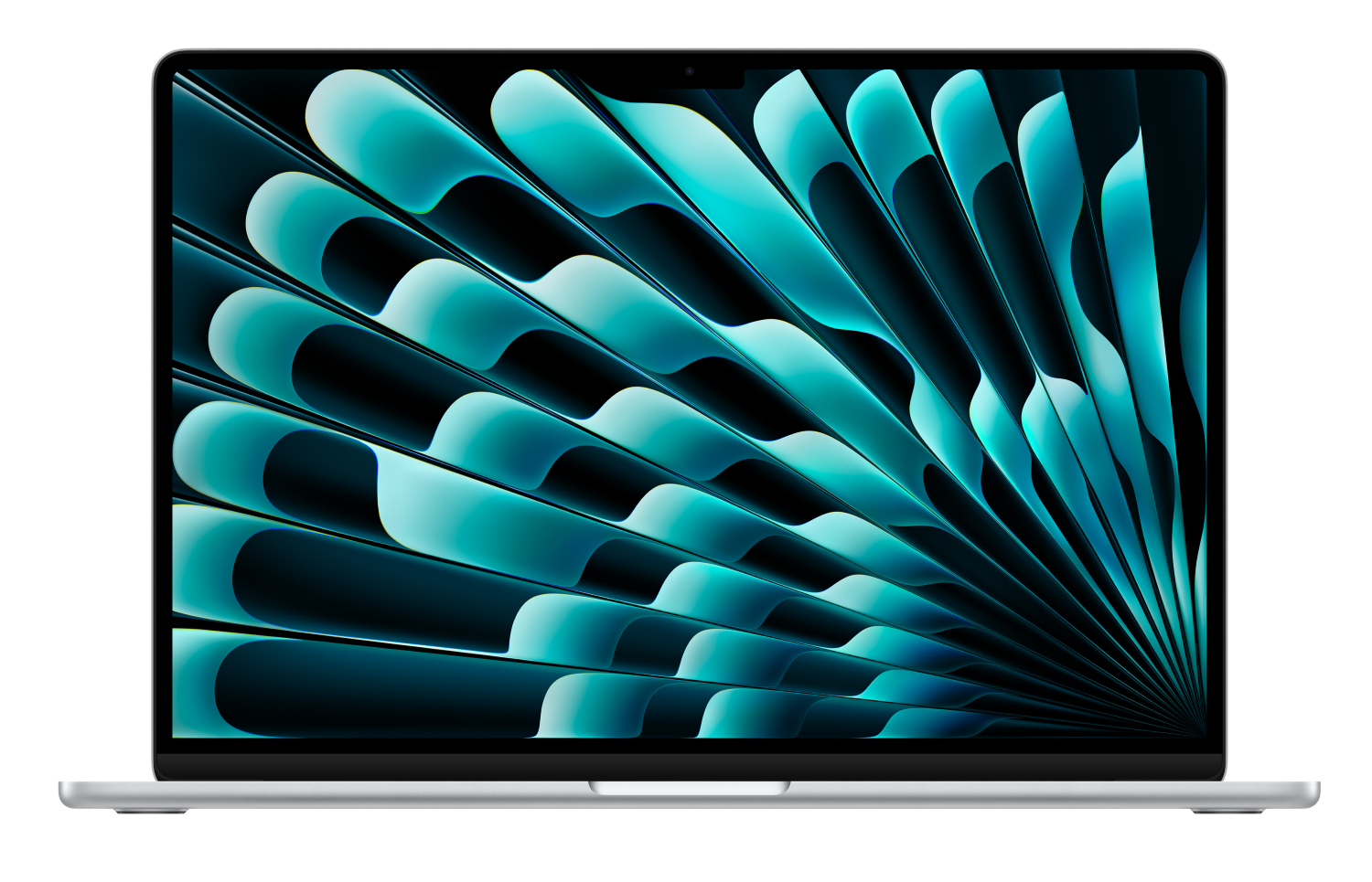 Srebrny laptop z abstrakcyjną niebiesko-turkusową tapetą na ekranie.