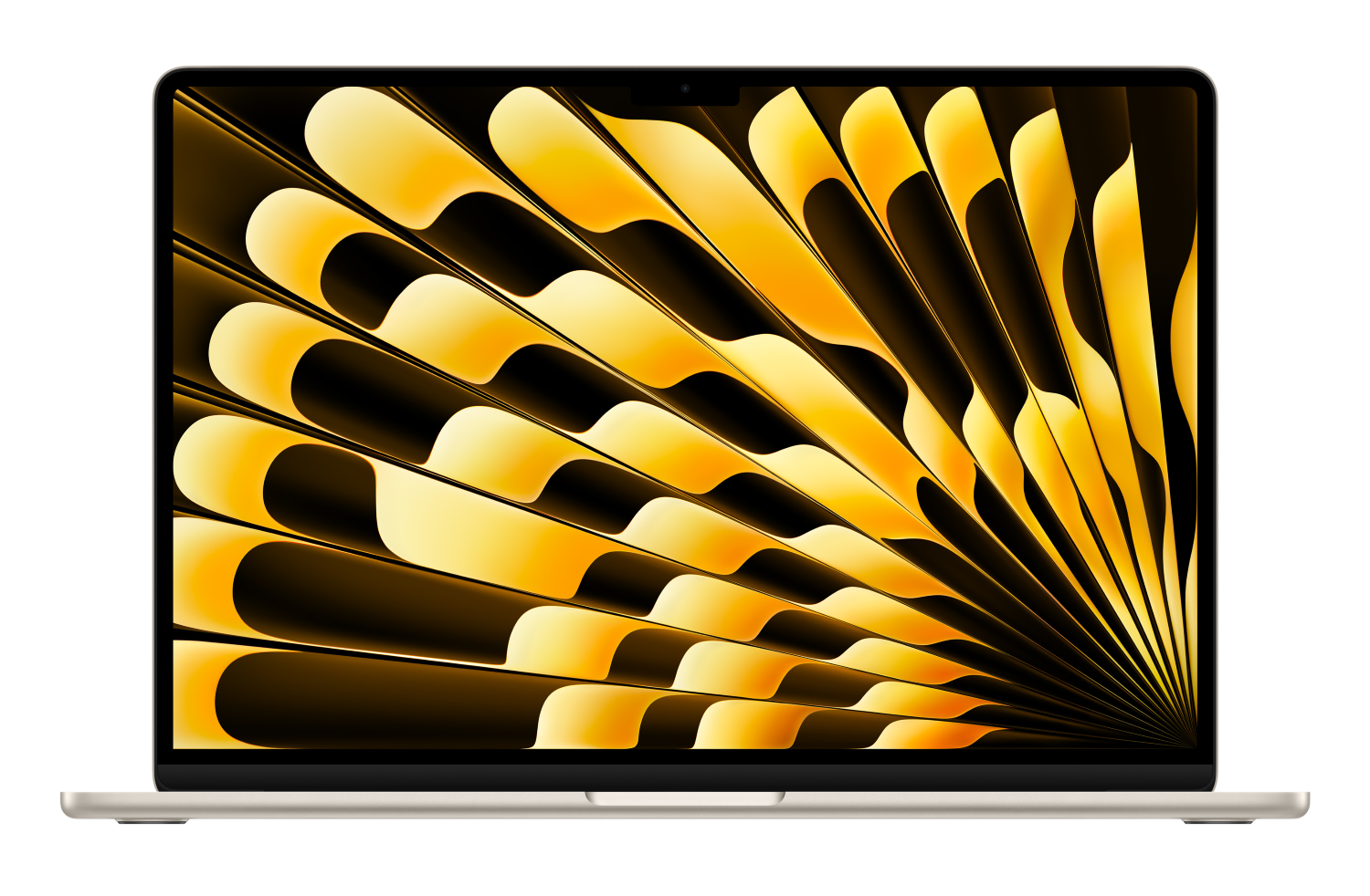 Srebrny laptop z ekranem wyświetlającym złoty wzór przypominający wachlarz.