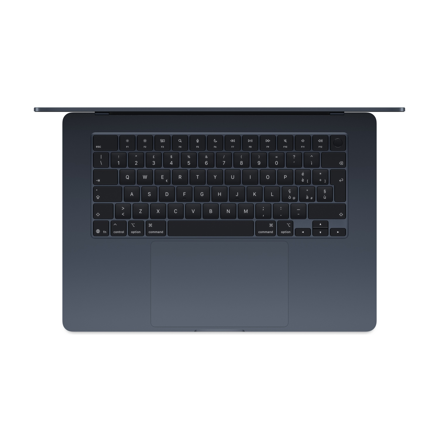 Laptop blu scuro, visto dall'alto, che mostra tastiera e trackpad.