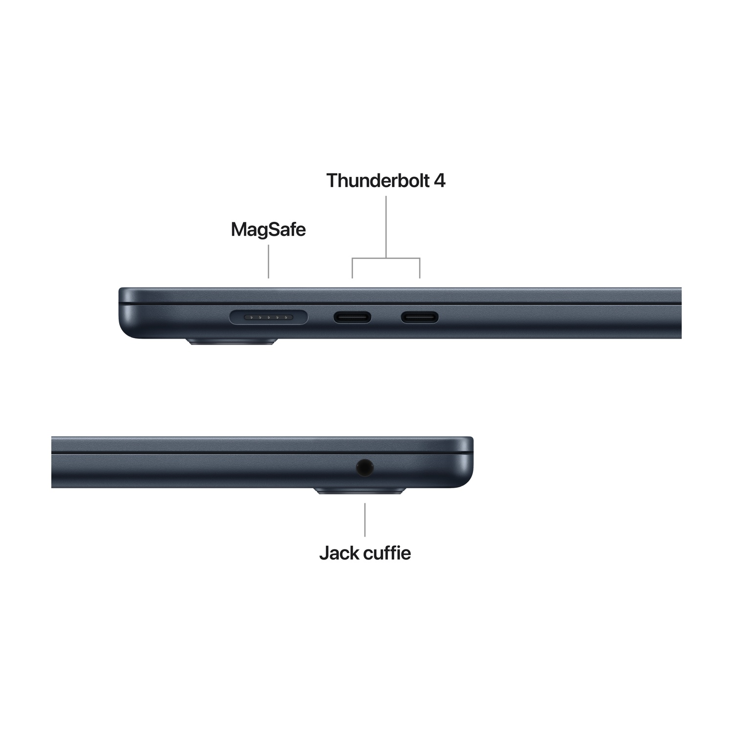 Tre porte Thunderbolt 4, MagSafe e jack cuffie su un laptop scuro.