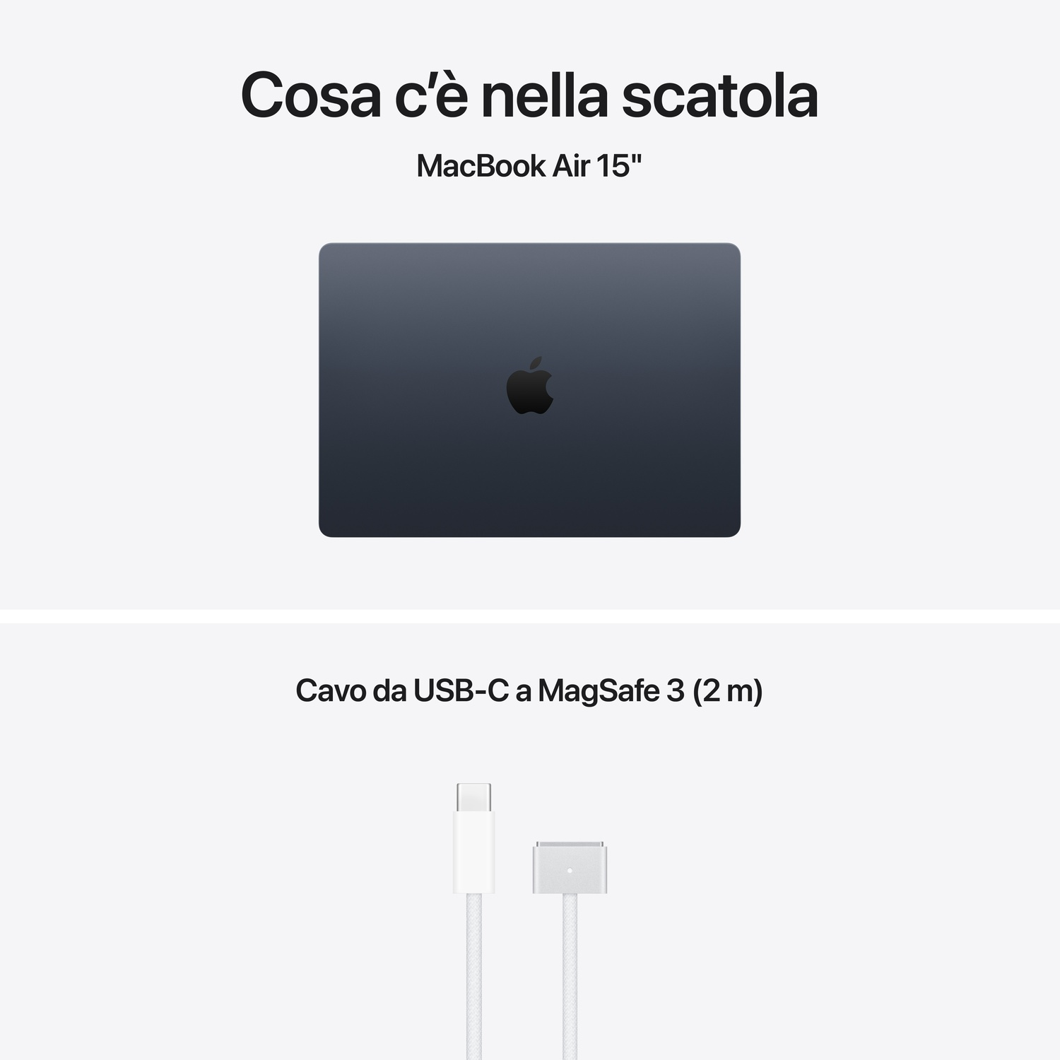 Un MacBook Air 15" scuro e un cavo di ricarica USB-C a MagSafe 3 bianco.