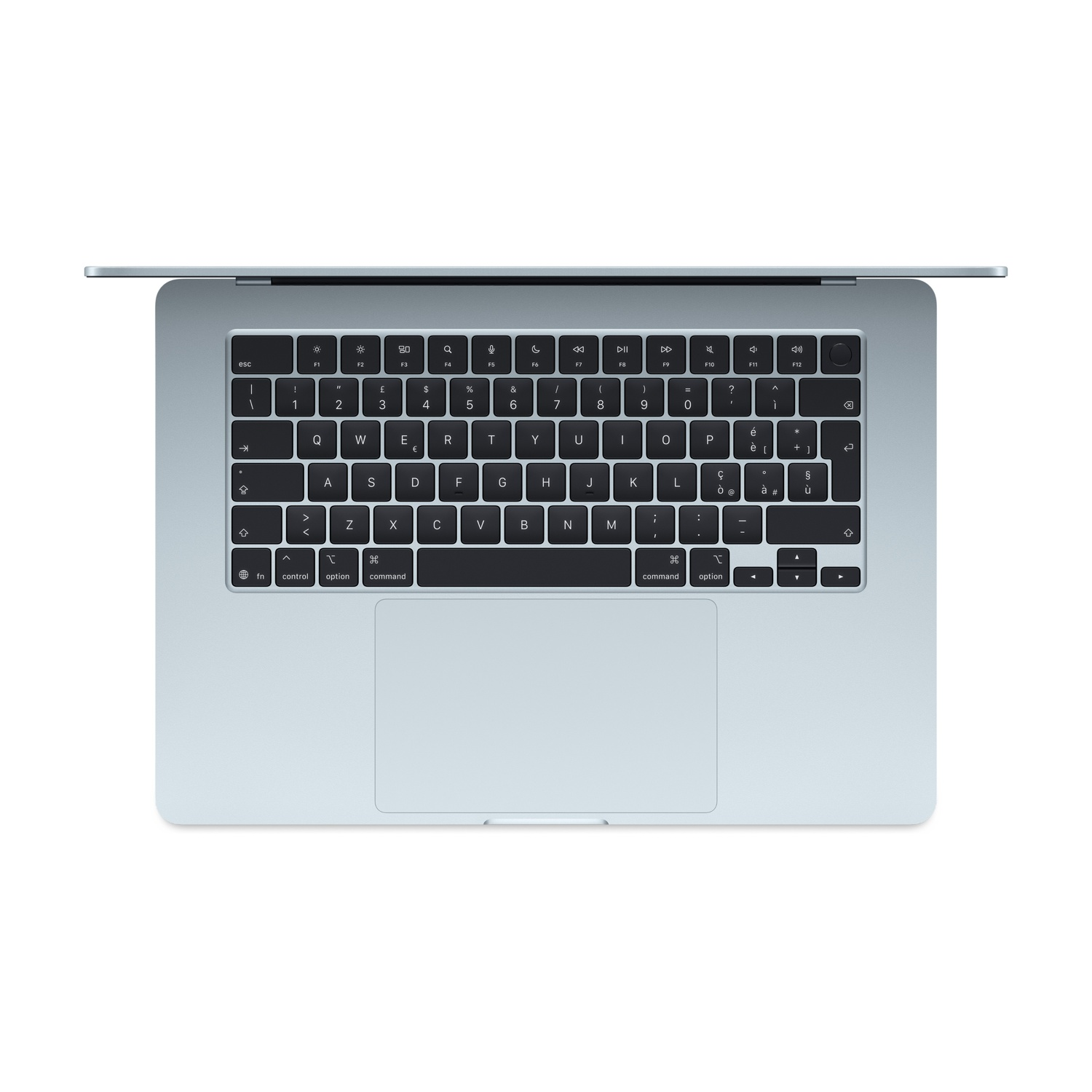 Un MacBook azzurro con il coperchio aperto, visto dall'alto. La tastiera è visibile.
