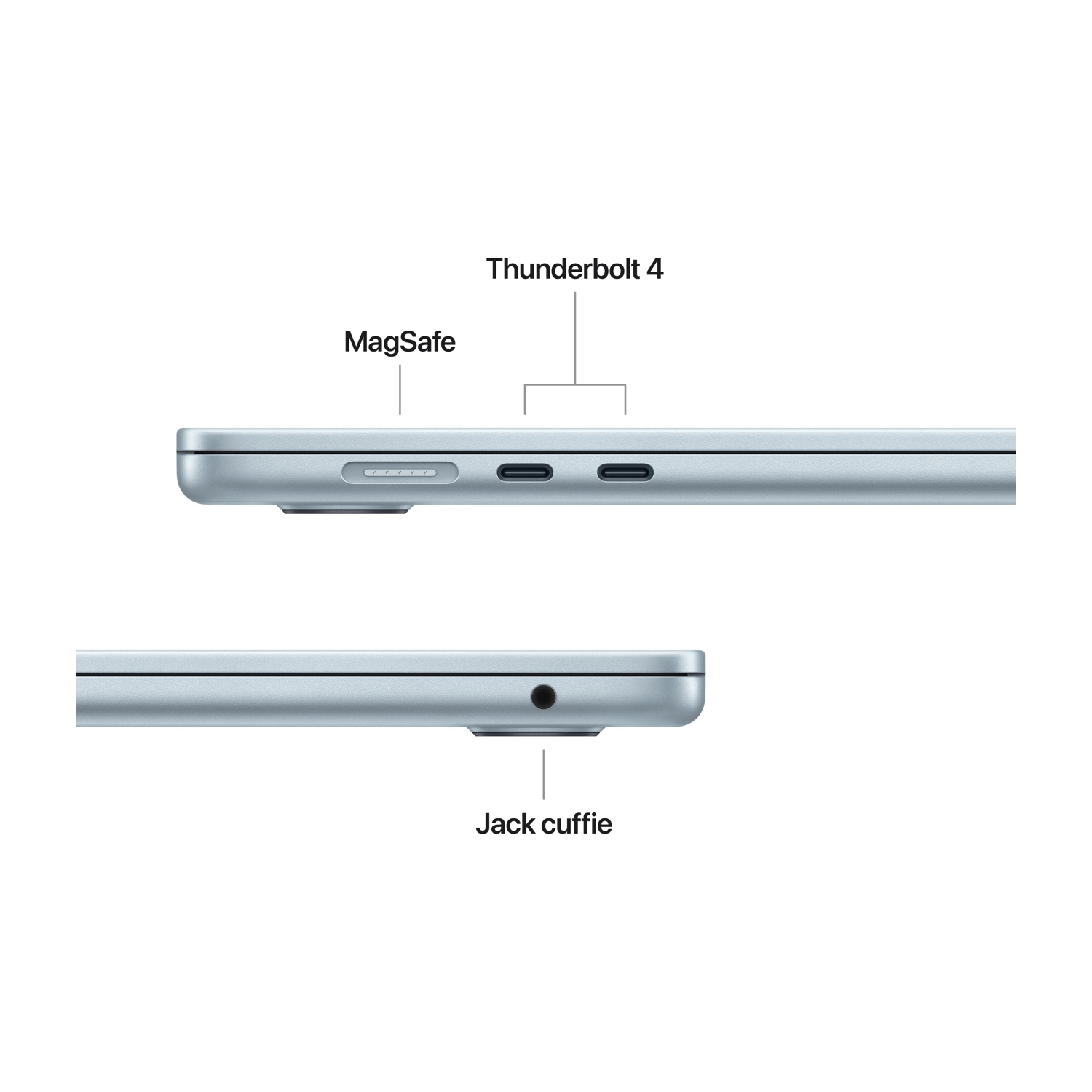 Primo piano del lato del laptop che mostra MagSafe, porte Thunderbolt 4 e jack per cuffie.