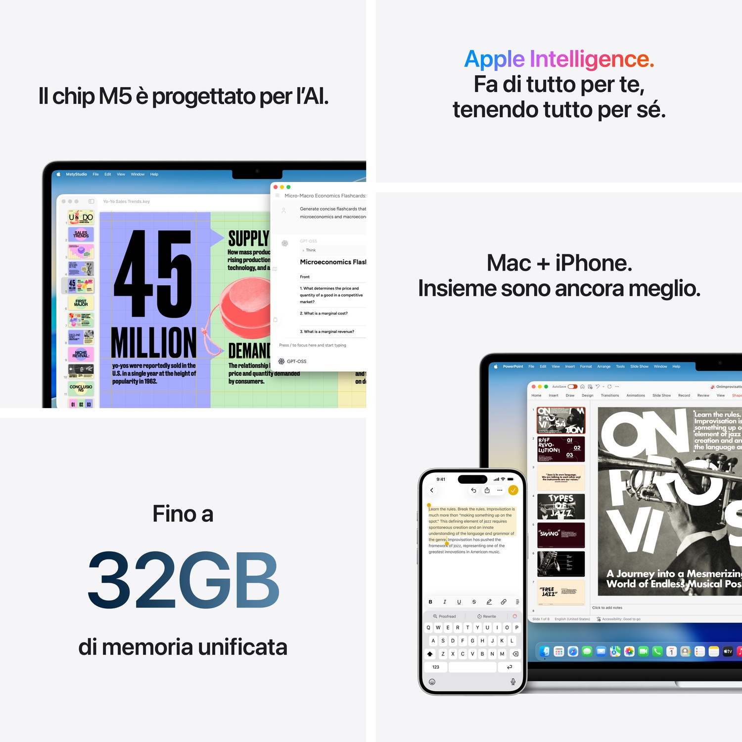 Un laptop mostra una presentazione sul jazz. Accanto, un iPhone mostra note sull'improvvisazione.