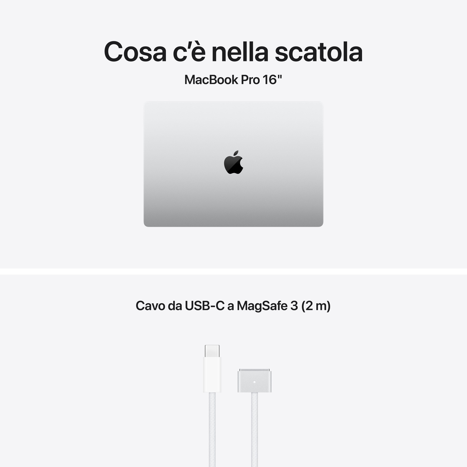MacBook Pro 16" e cavo USB-C a MagSafe 3 (2m) in una scatola.