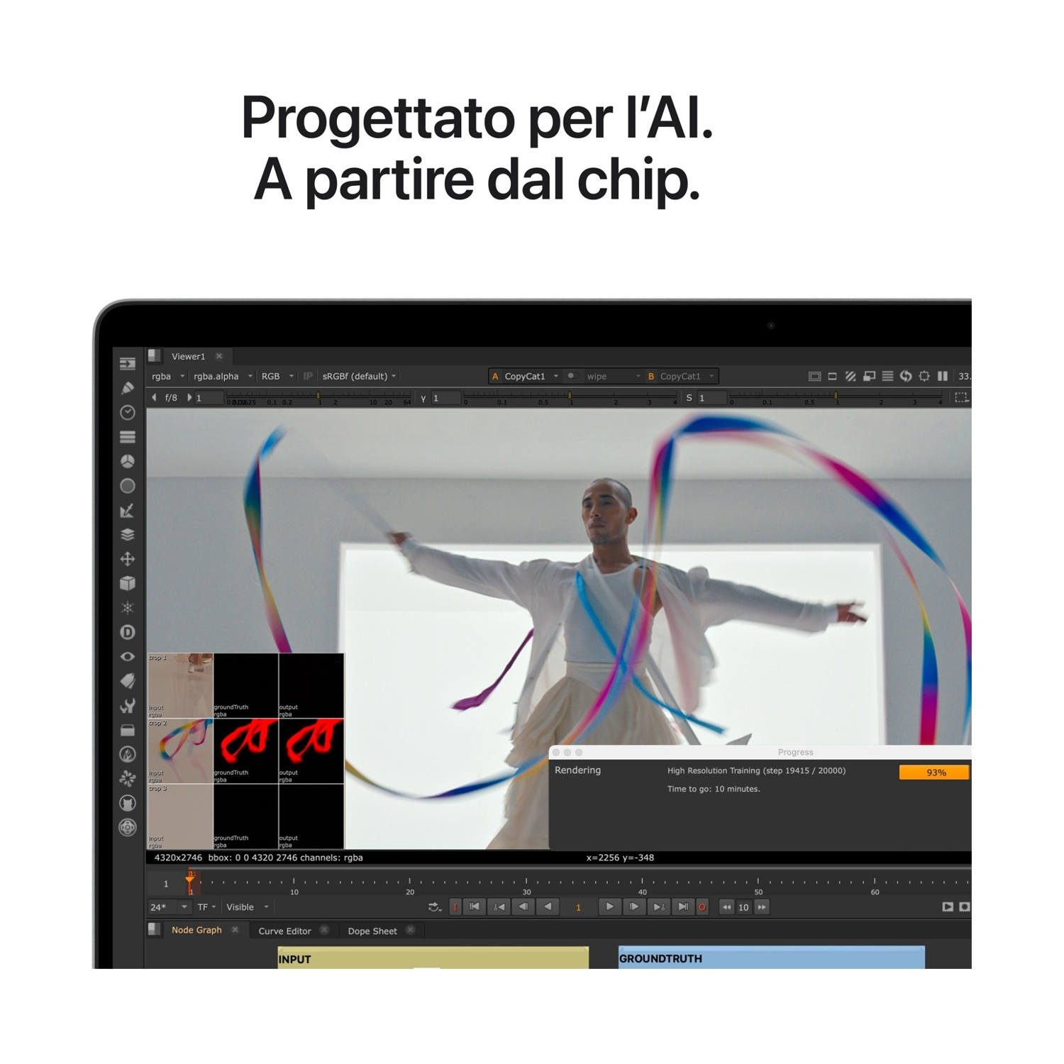 Un uomo in veste bianca danza con nastri colorati davanti a uno sfondo luminoso.