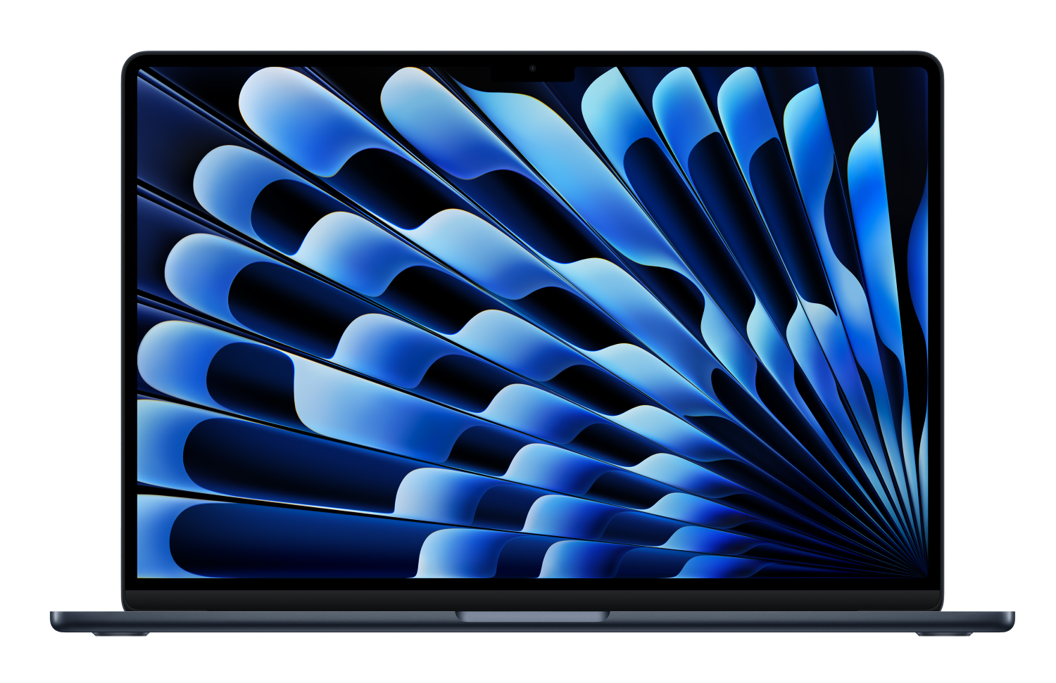 Ciemnoniebieski laptop z abstrakcyjną niebiesko-białą tapetą.