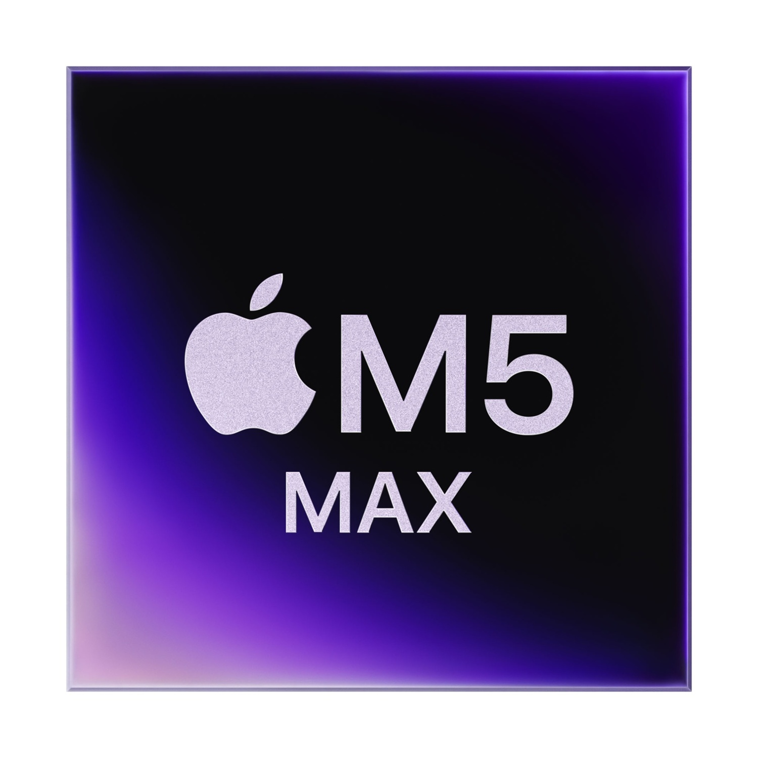 Logo Apple e testo M5 MAX su sfondo nero con illuminazione viola.