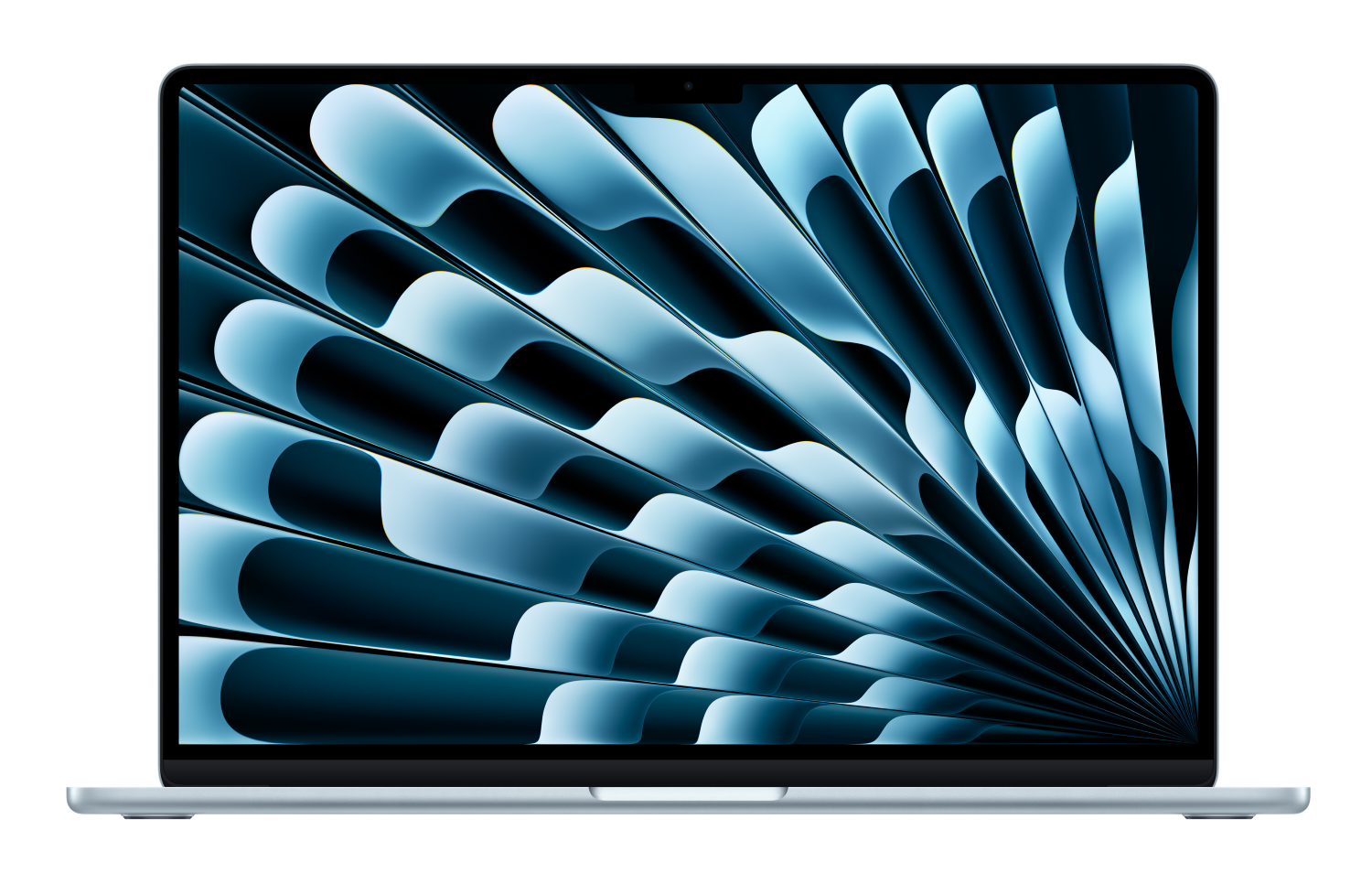 Jasnoszary laptop z abstrakcyjnym, niebieskim wzorem fal na ekranie.