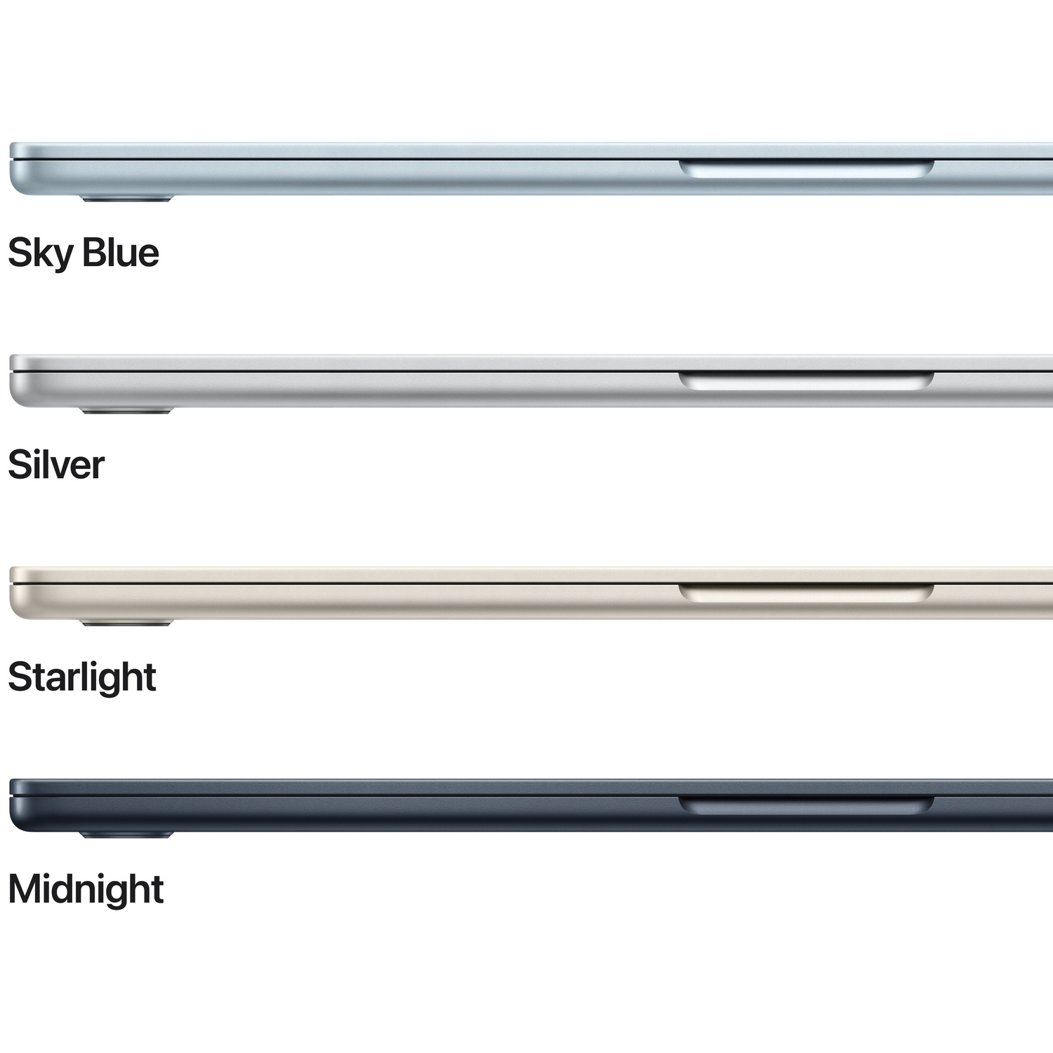 Vier laptops in hemelsblauw, zilver, starlight en middernacht.