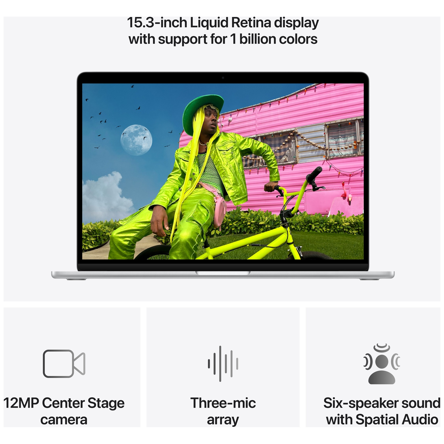 Laptop toont persoon in neon-groene outfit, naast roze caravan en fiets.
