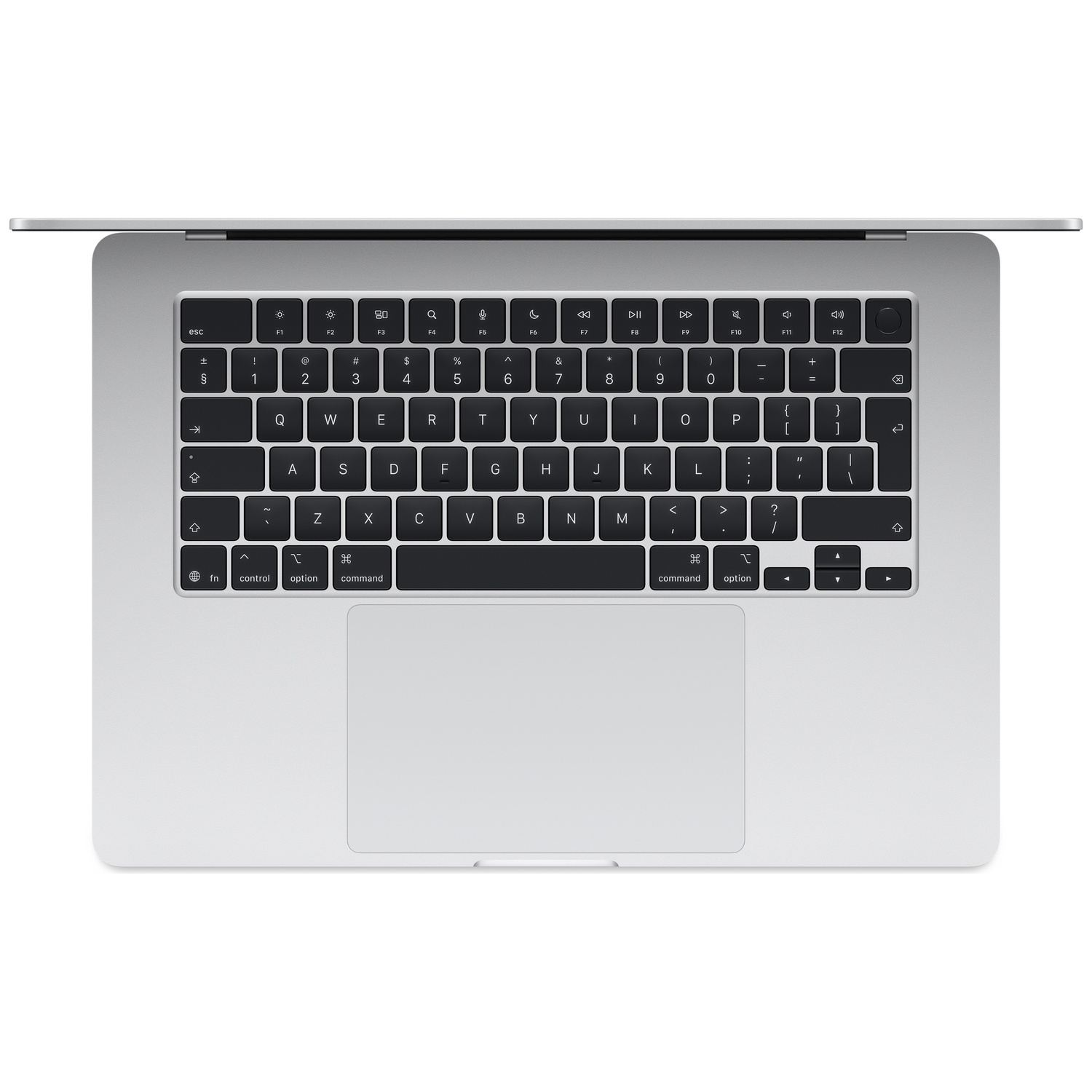 Een open zilveren laptop met toetsenbord en trackpad.