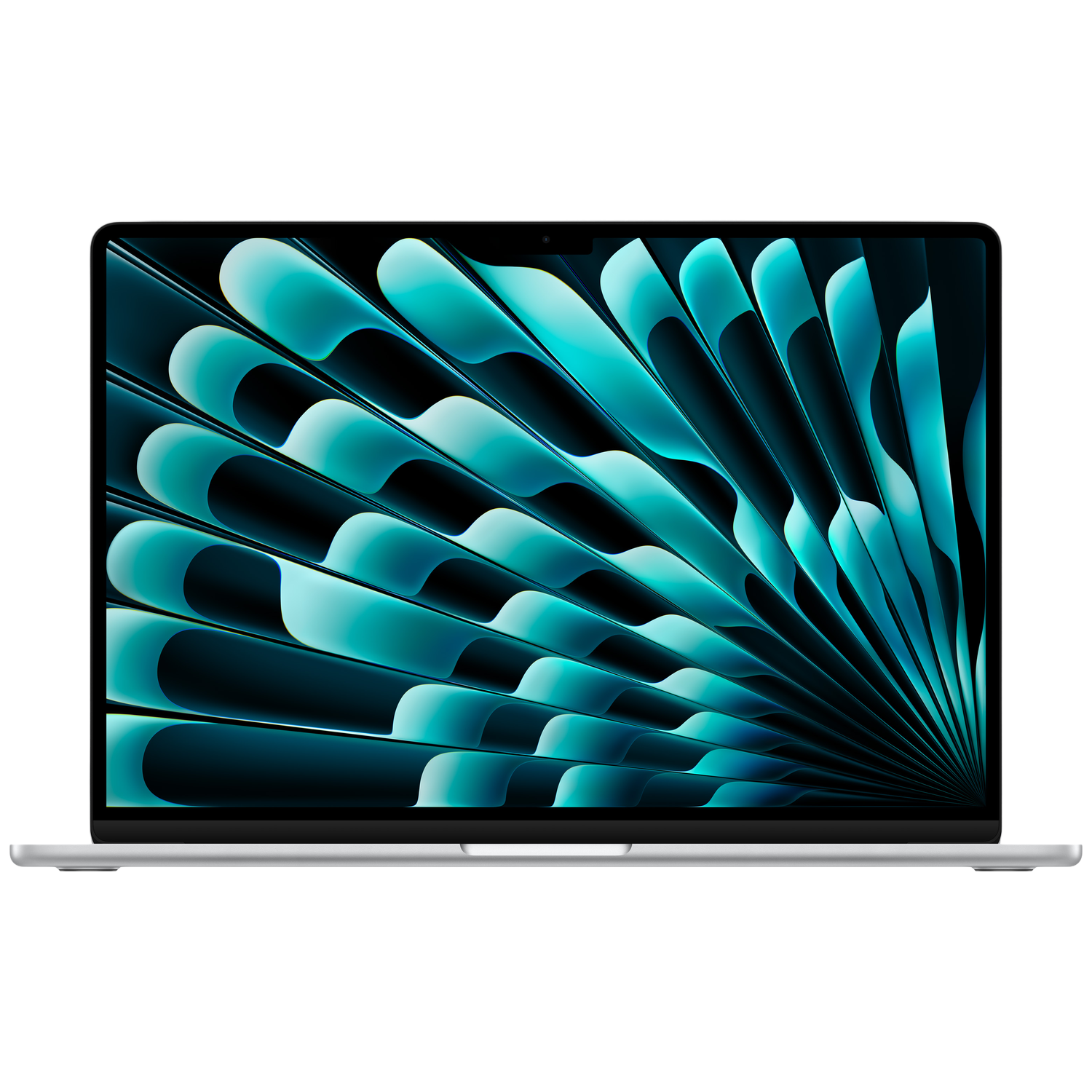 Zilveren laptop met abstracte blauwe en turkooizen golven op het scherm, geïsoleerd op zwart.