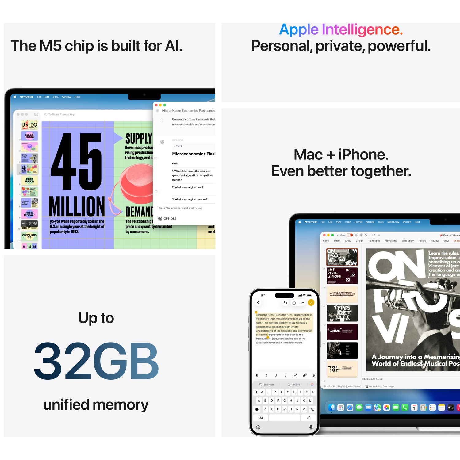 Schermen tonen Apple-producten: Mac met AI-grafiek, iPhone met notities en Mac met jazzpresentatie.