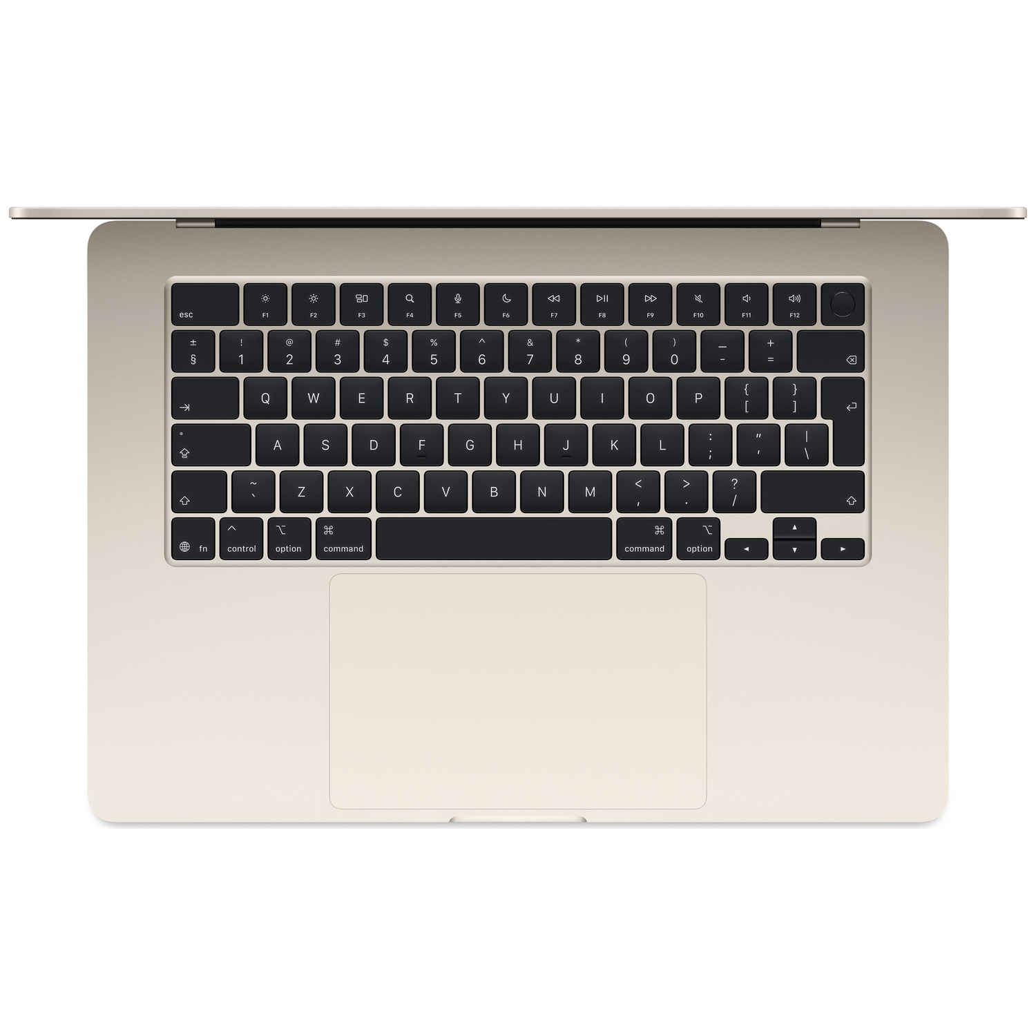 Bovenaanzicht van een gouden laptop met verlicht toetsenbord en touchpad.