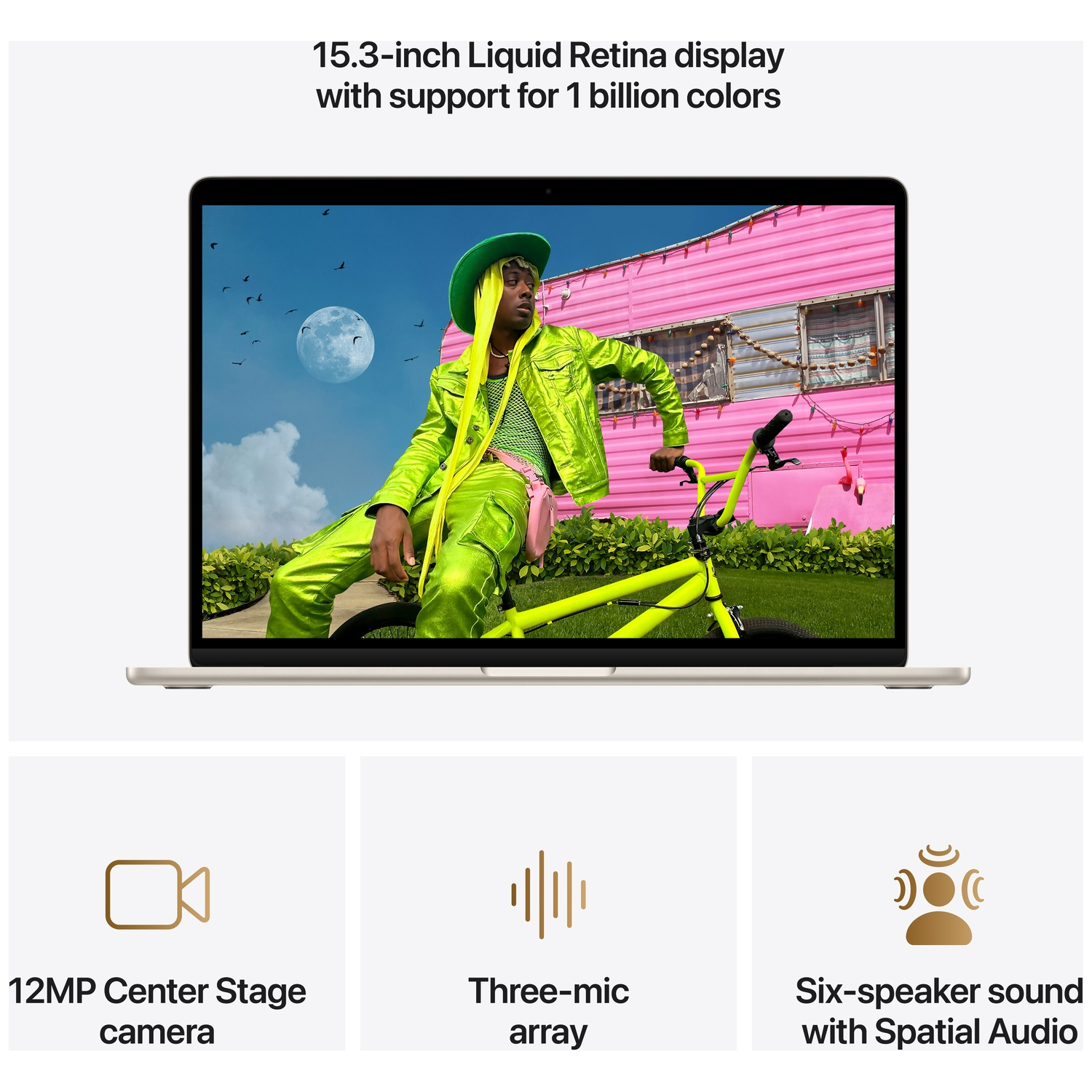 Laptop met 15,3-inch scherm; man in groene kleding naast fiets voor caravan.