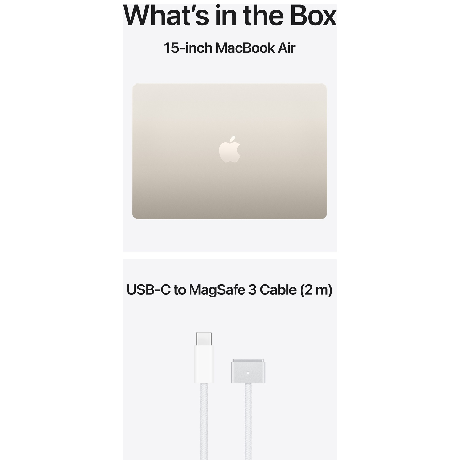 Een gouden 15-inch MacBook Air en een witte USB-C naar MagSafe 3 kabel.