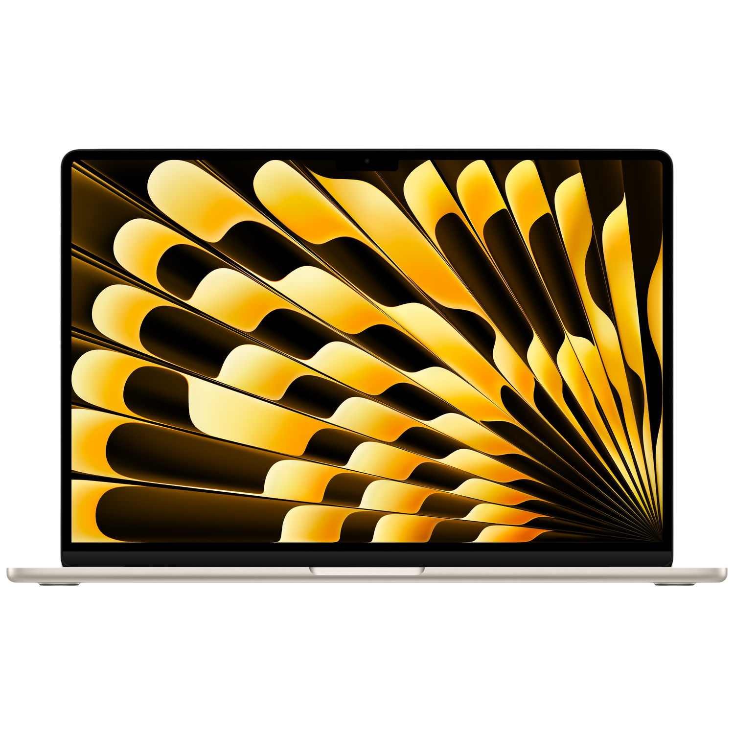 Un MacBook doré clair et élégant affichant un fond d'écran abstrait en éventail.