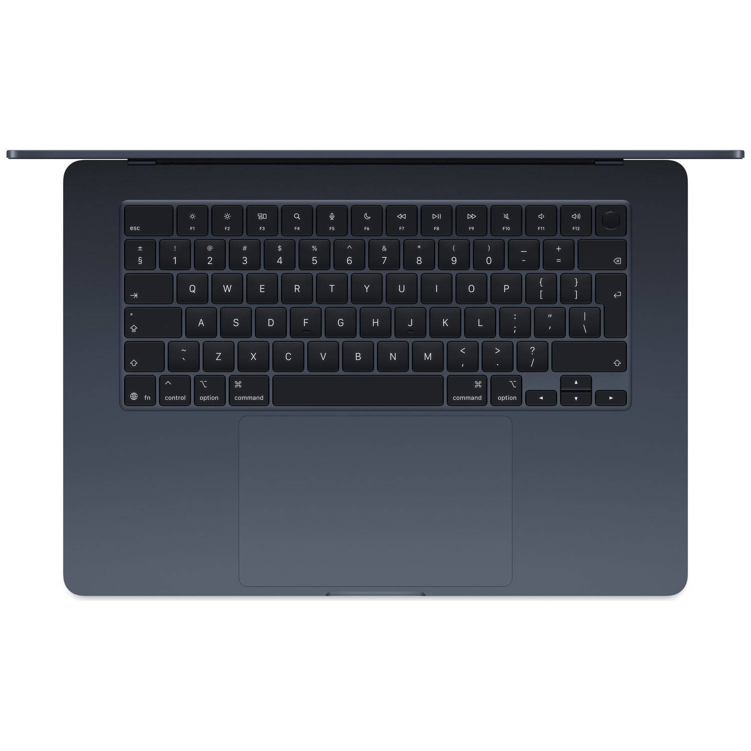 Donkergrijs MacBook met gesloten deksel, toetsenbord en trackpad zichtbaar.