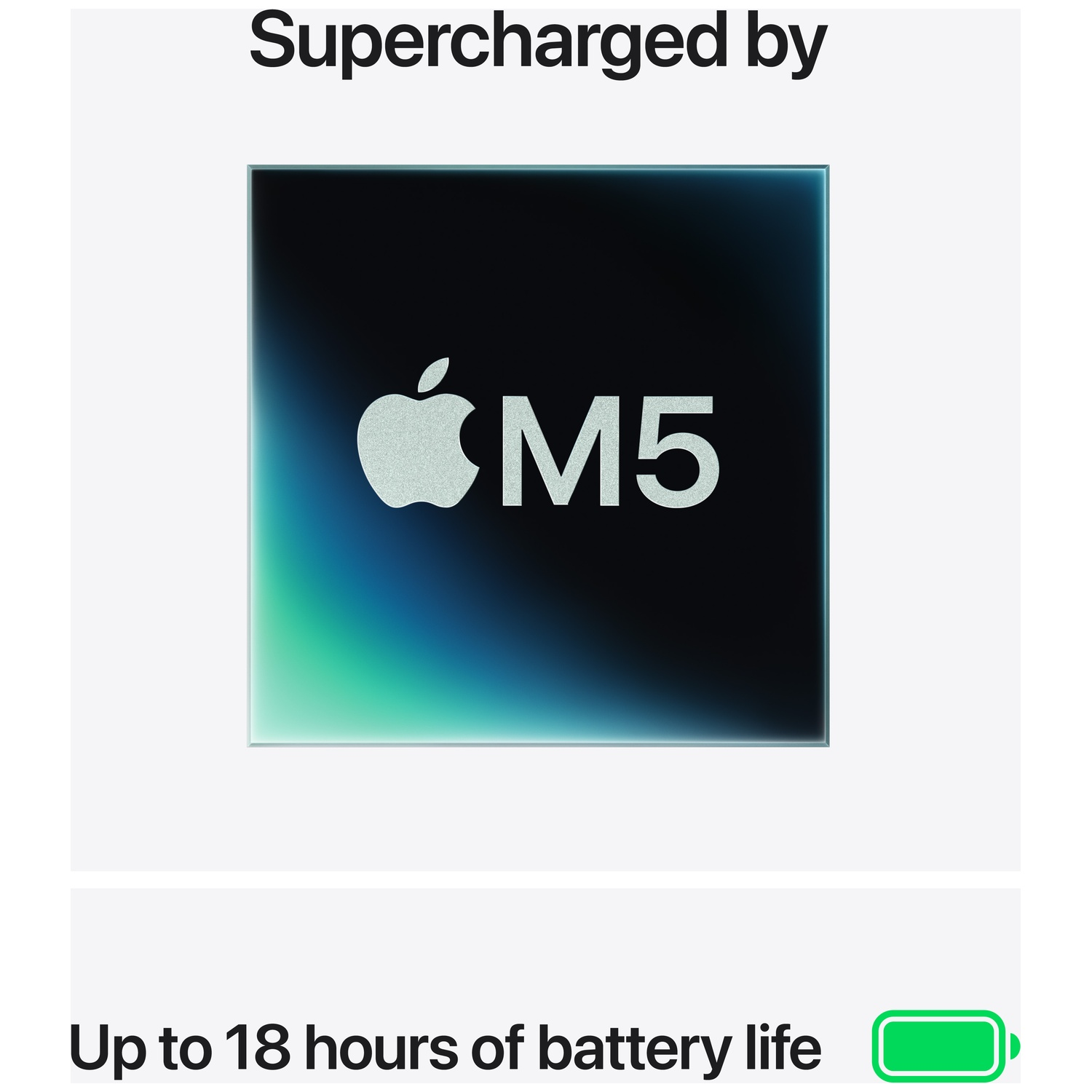 Apple M5 chip logo met tekst 'Supercharged by' en batterij-icoon.