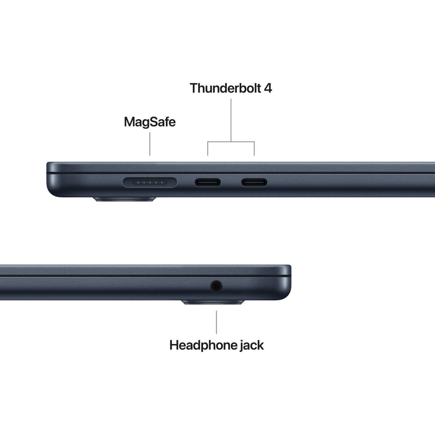 Donkerblauw laptop-chassis met MagSafe, Thunderbolt 4 poorten en koptelefoonaansluiting.