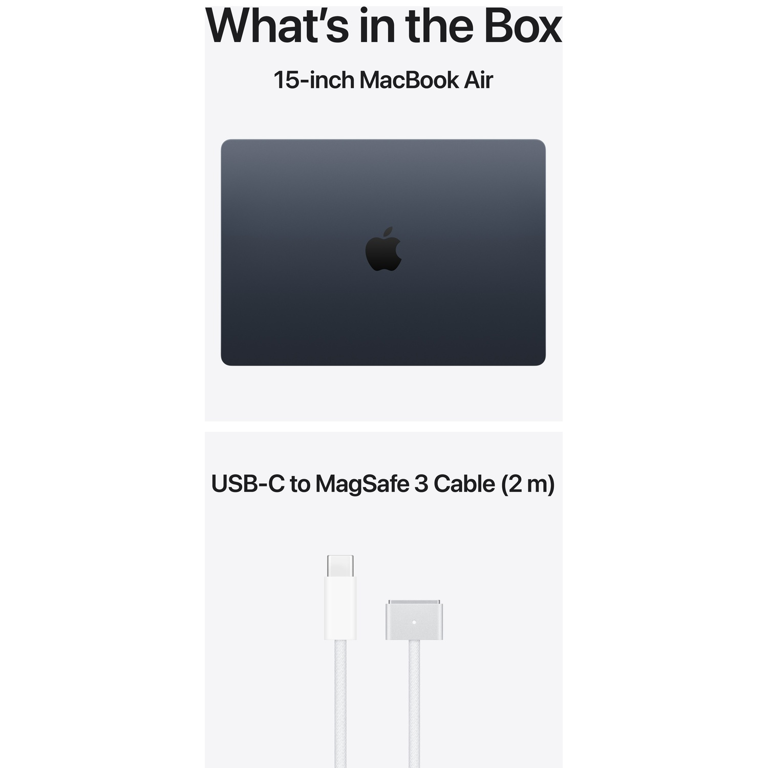 Un MacBook Air 15 pouces et un câble USB-C vers MagSafe 3 sont présentés.