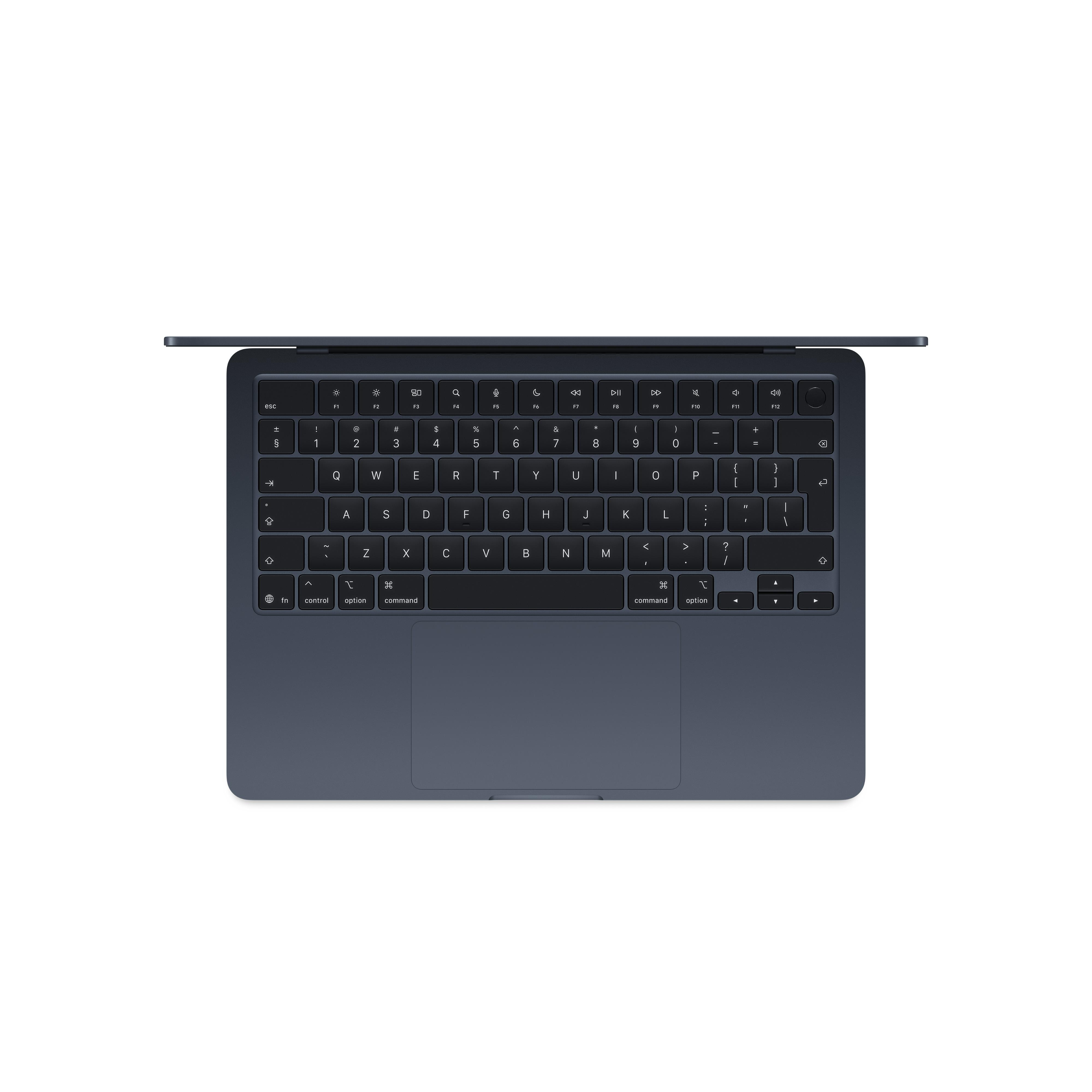 Dunkelblaues Laptop-Tastatur und Touchpad mit weißem Hintergrund.