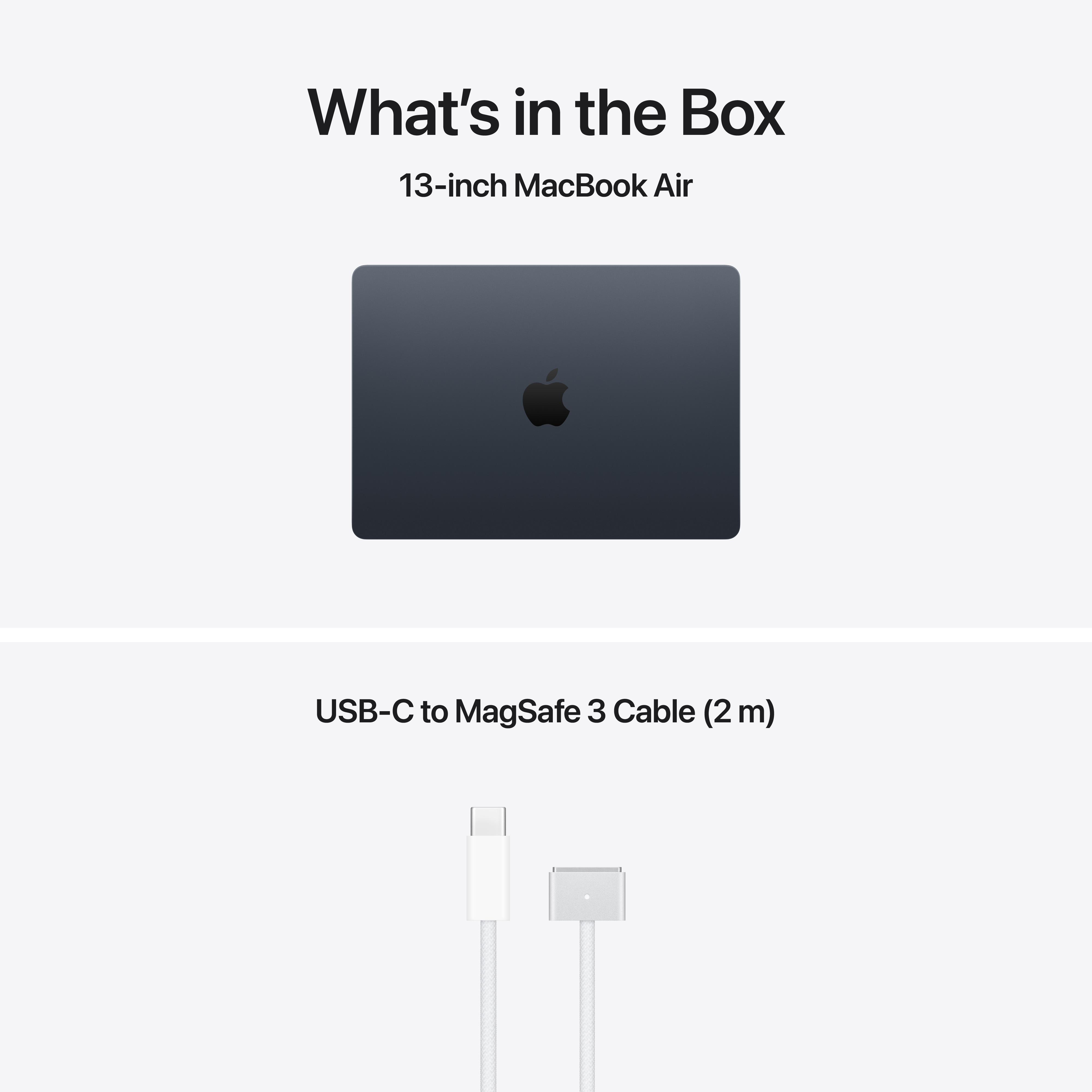 Dunkelgraues MacBook Air und ein weißes USB-C zu MagSafe 3 Kabel.